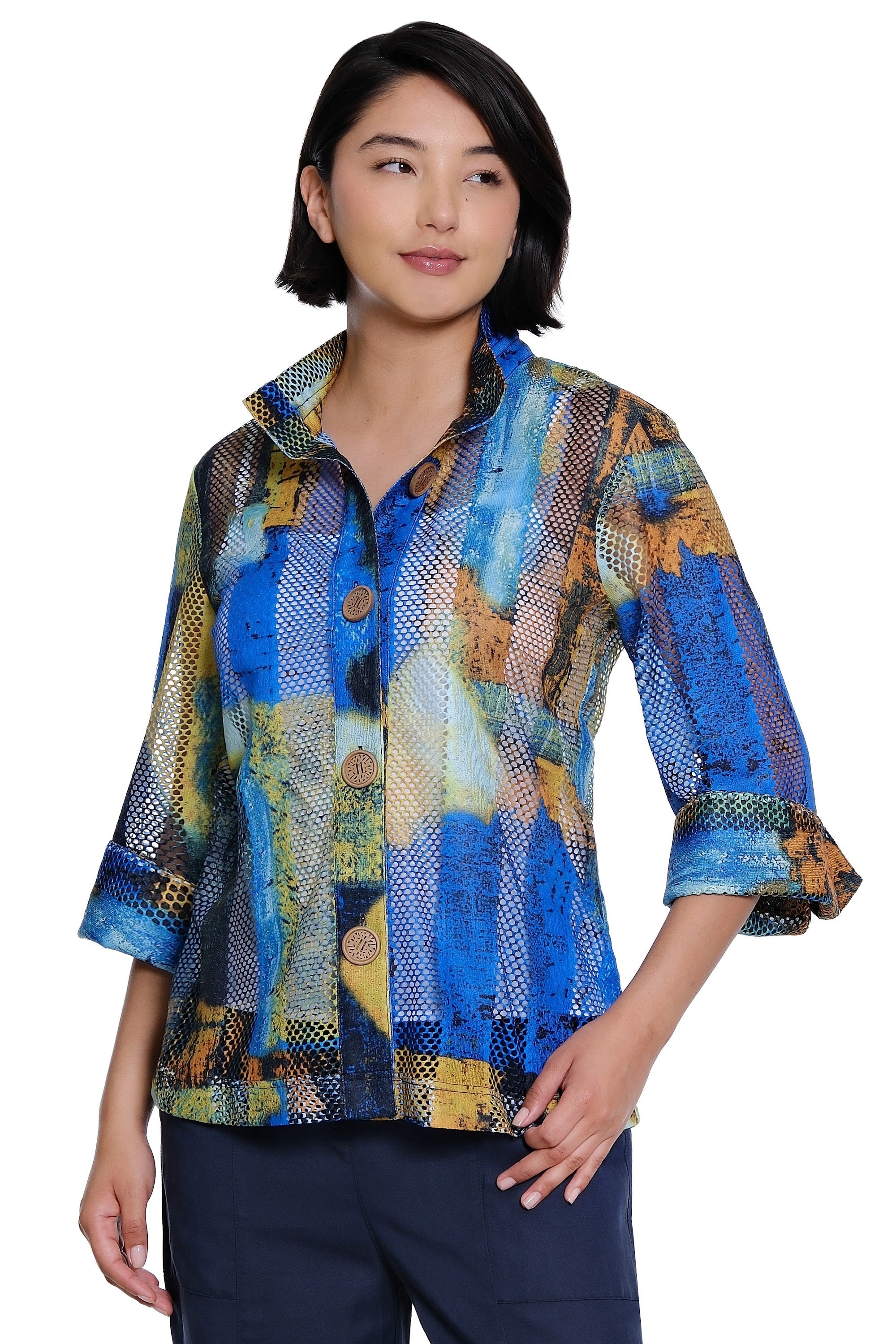 Printed Woven Textured Jacket with Wire Collar and 3/4 Sleeves - Blue Abstract Print
