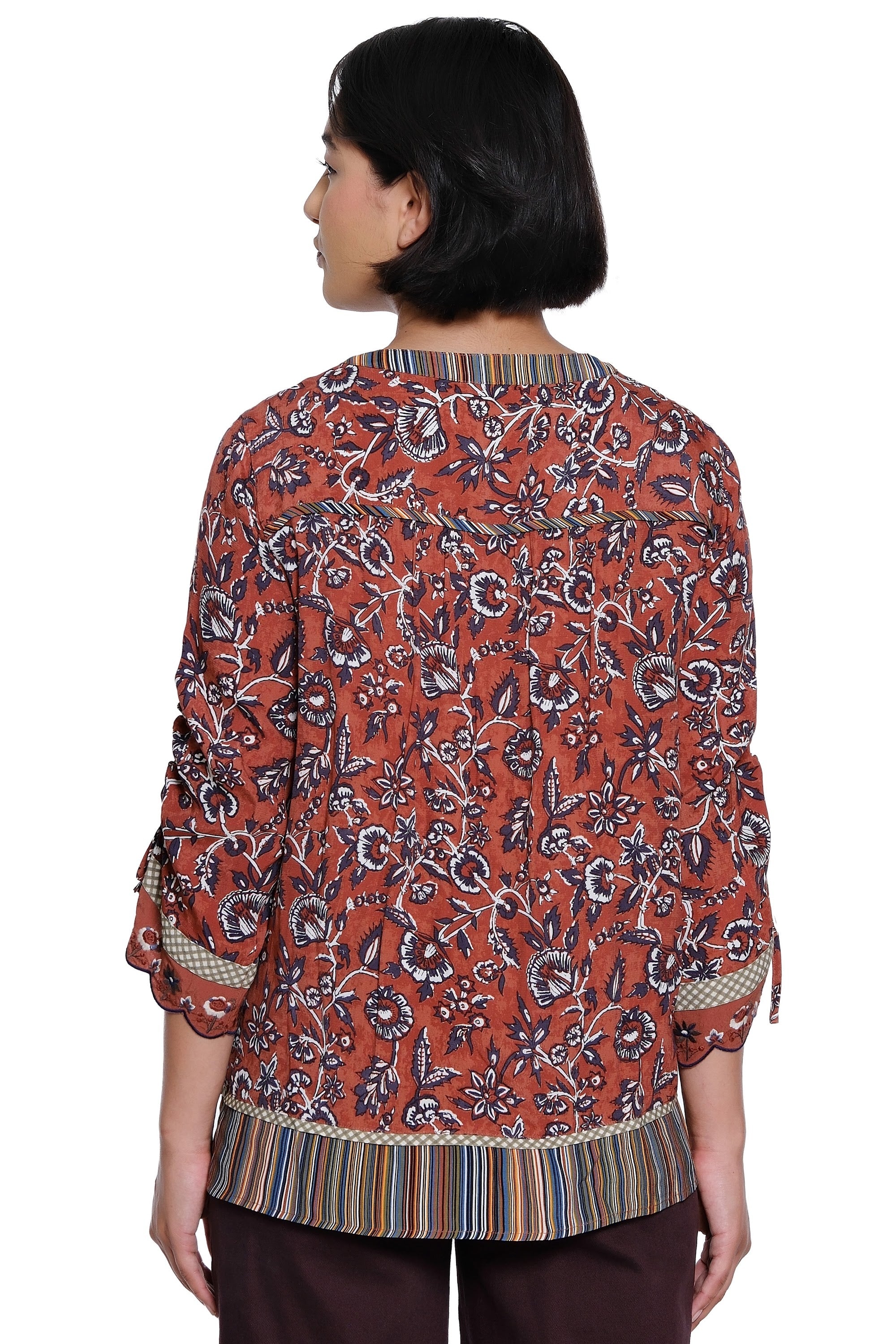 Mix Print 3/4 Cinch Sleeve Split Neck Tunic with Embroidery Details - Floral Multi - view 2