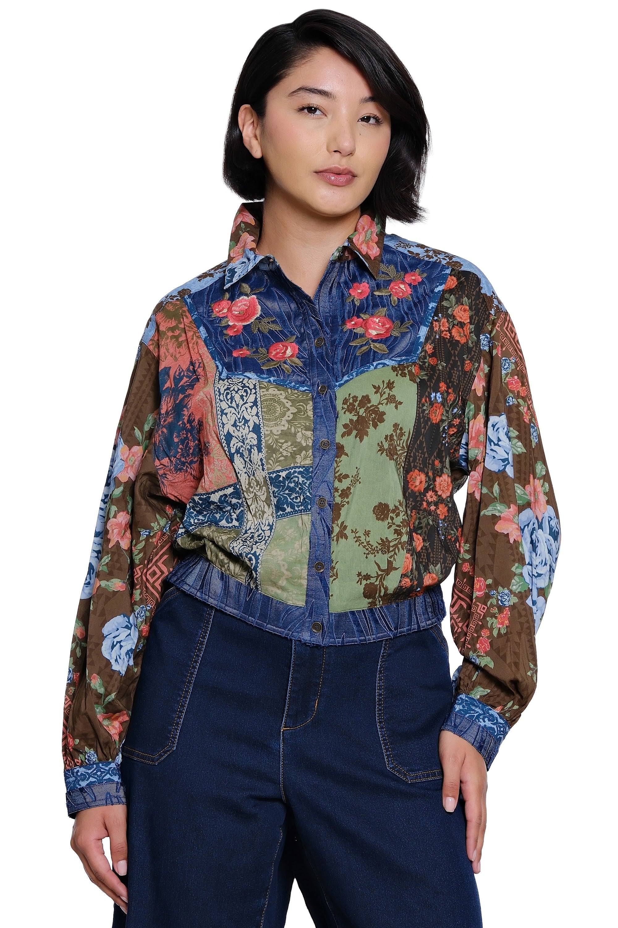 Multi Print Cuffed Long Sleeve Button Down Blouse with Embroidery - Multi