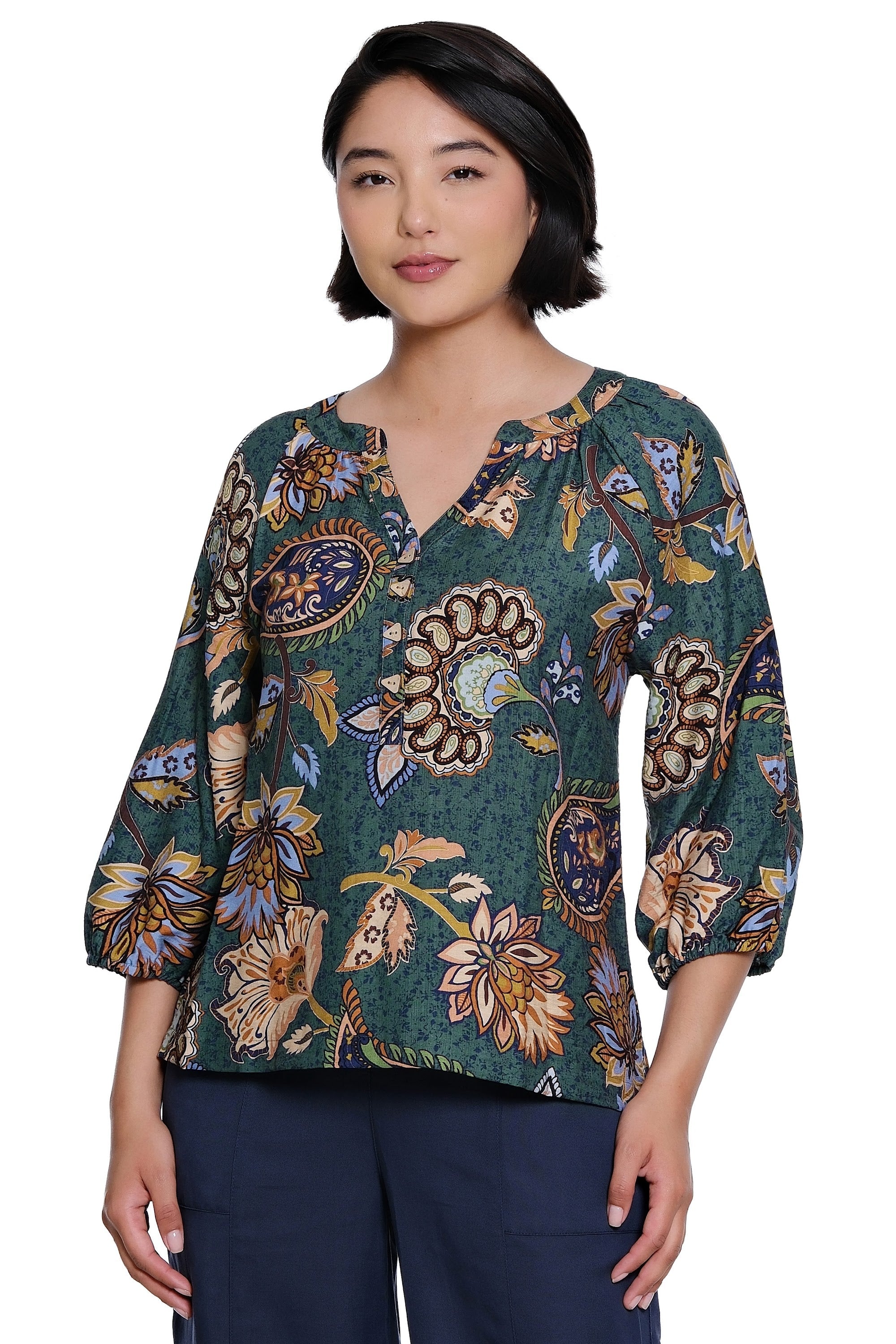 Printed Woven Popover with V-Neck and Raglan 3/4 Sleeves - Floral Multi