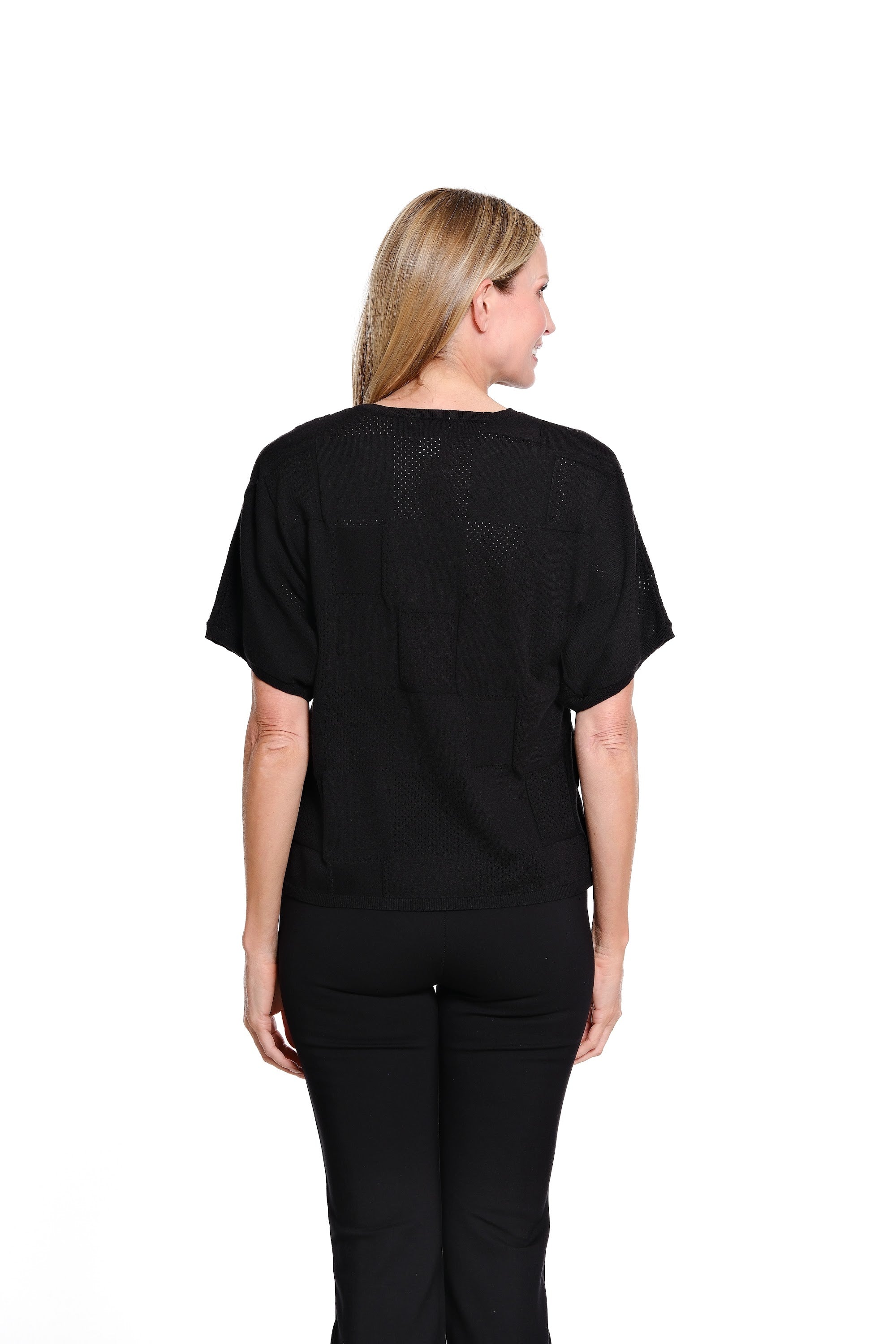 Dolman Short Sleeve Banded Neck Solid Pattern Sweater Pullover Top - Black - view 4
