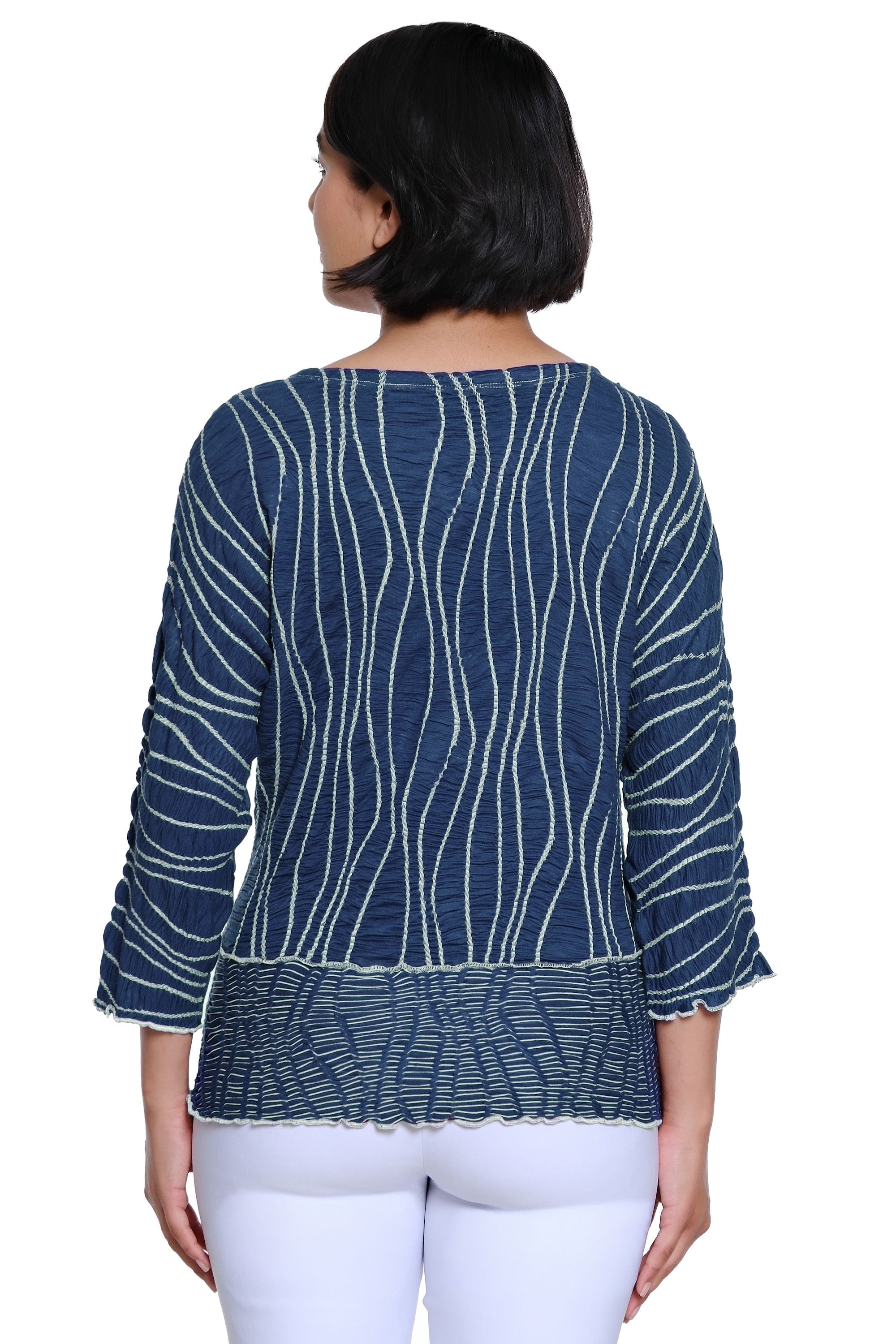 Y/D Textured Knit Popover Top with Rounded Neck and 3/4 Raglan Sleeves - Blue Mist - view 2