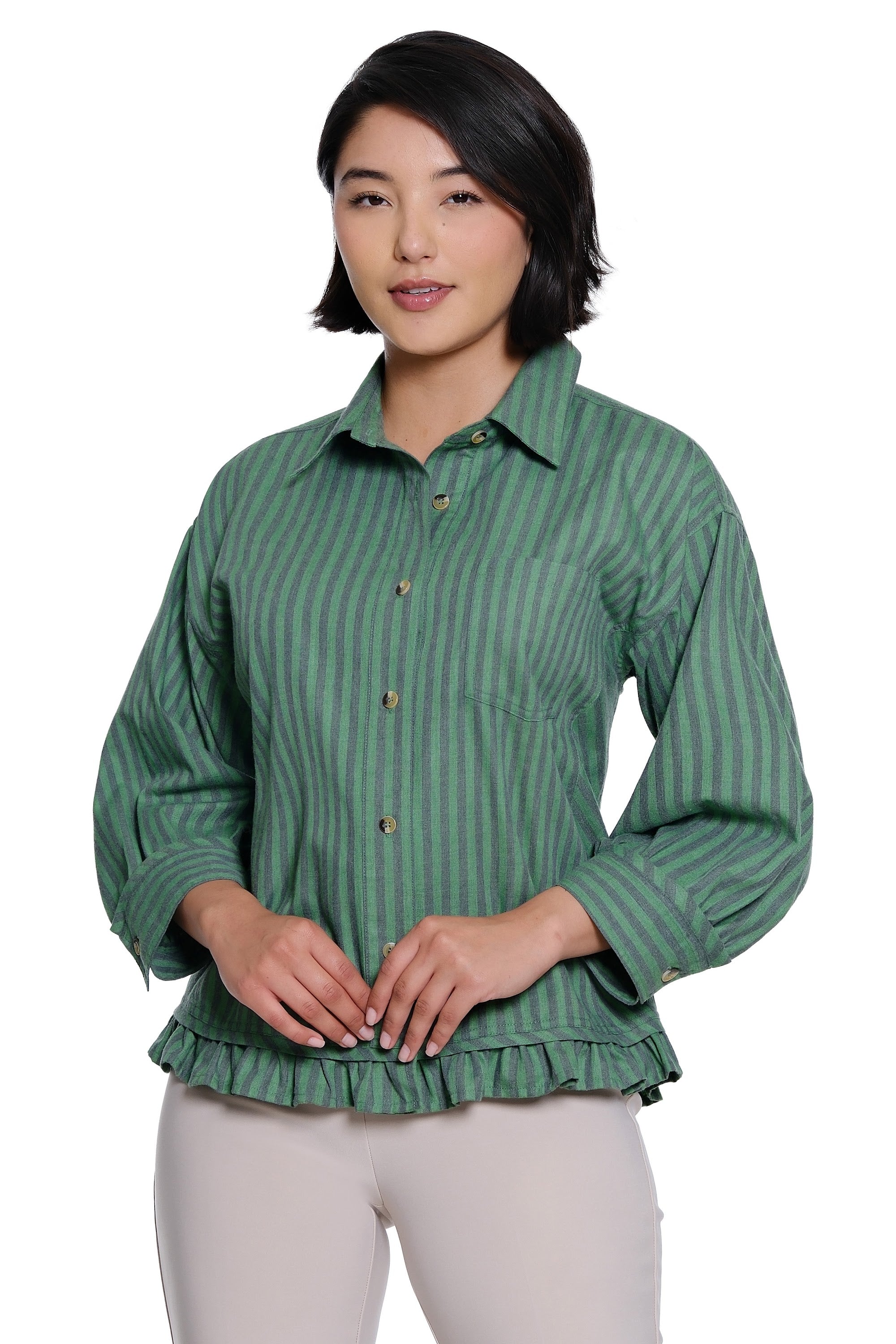 Y/D Woven Button Front Top with 3/4 Sleeves and Curved Ruffle Hem - Herb Stripe