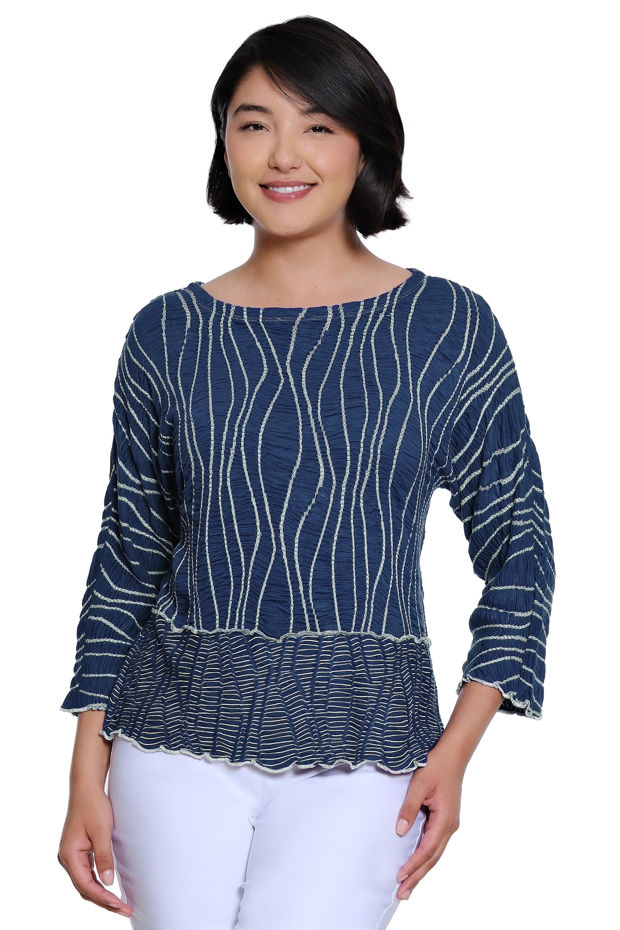 Y/D Textured Knit Popover Top with Rounded Neck and 3/4 Raglan Sleeves - Blue Mist