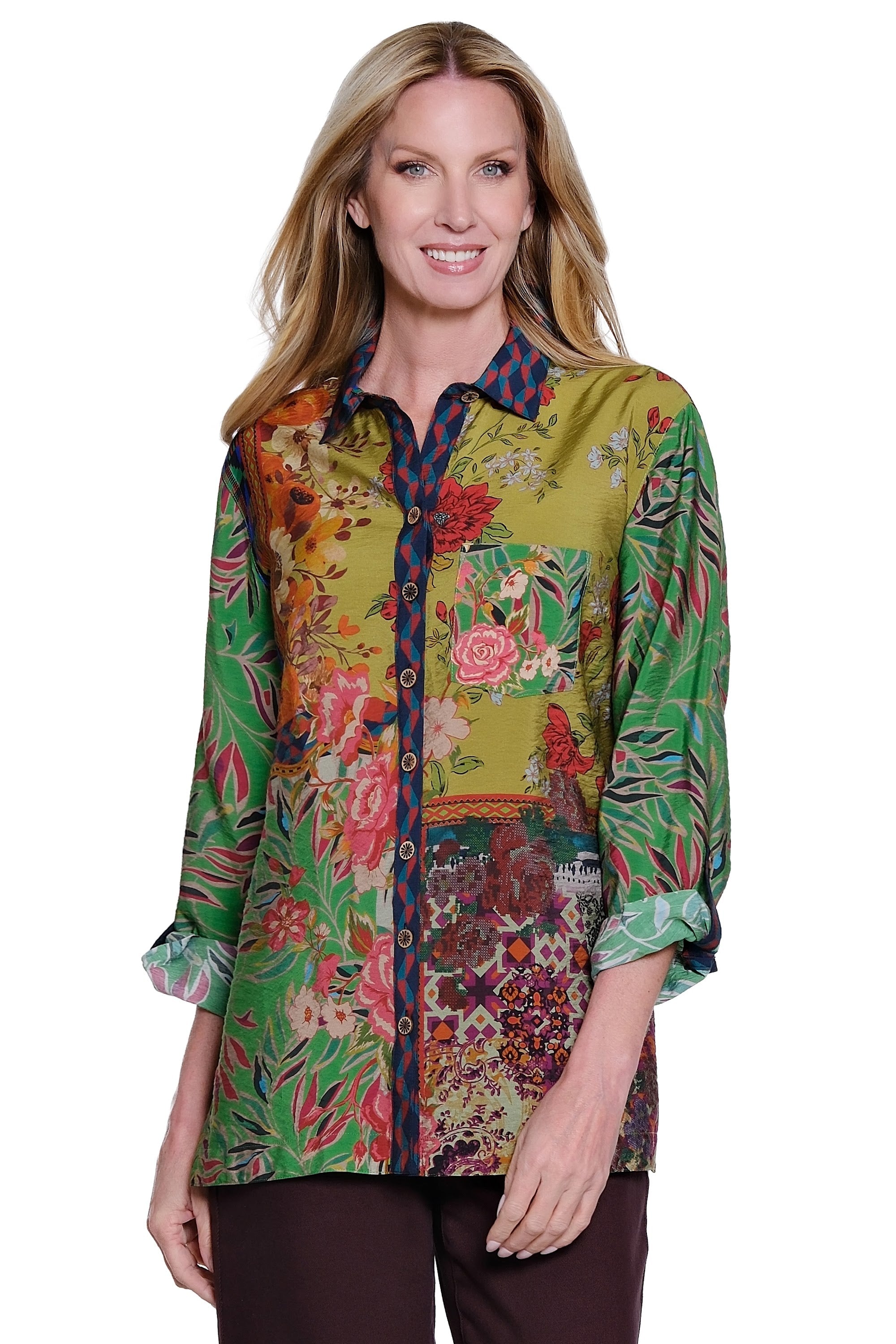 Print Long Sleeve Rolled Tab Sleeve Button Front Blouse with Pocket - Floral Multi