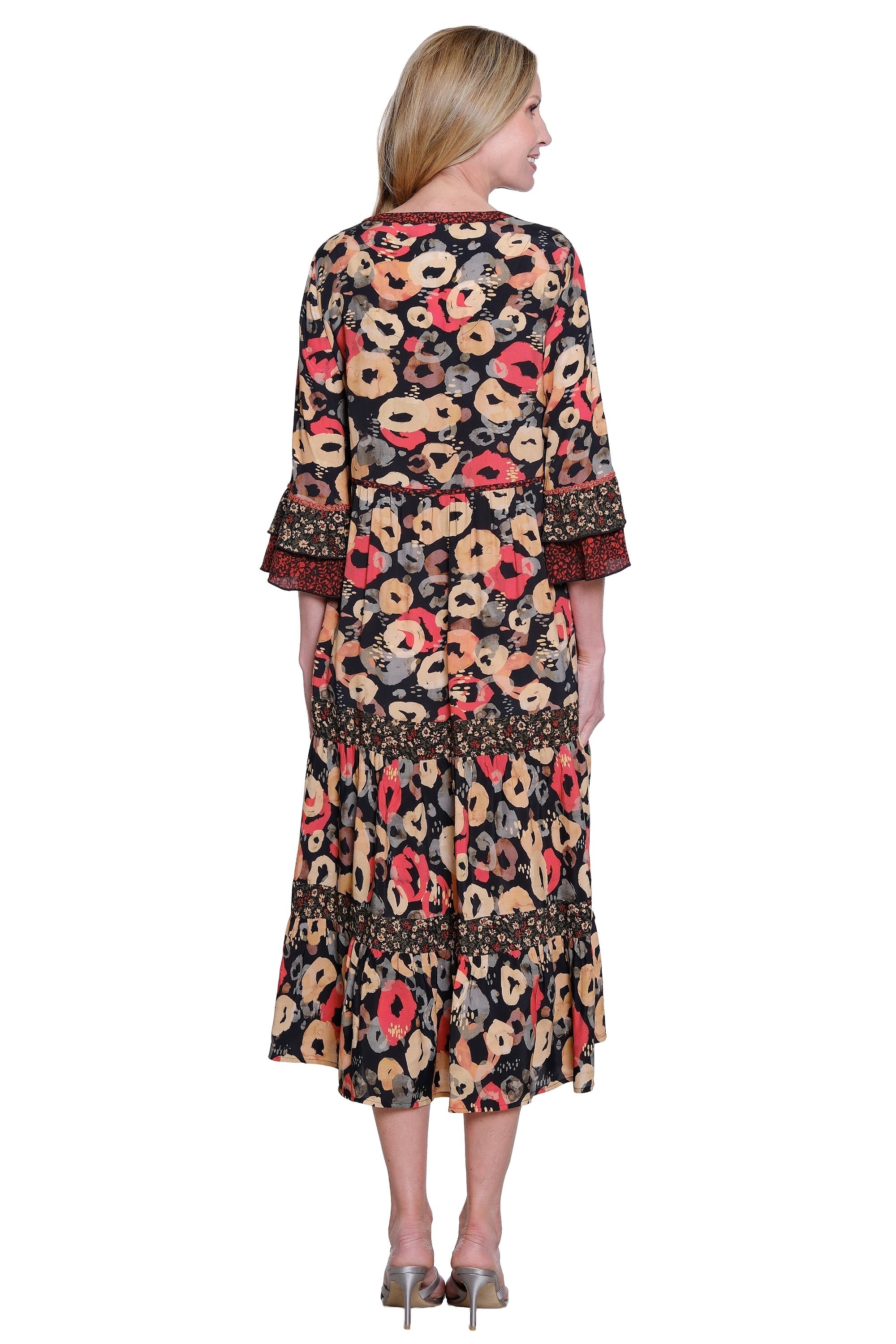 Printed 3/4 Sleeve Popover Tiered Dress with Flounce Sleeves - Floral Multi - view 2