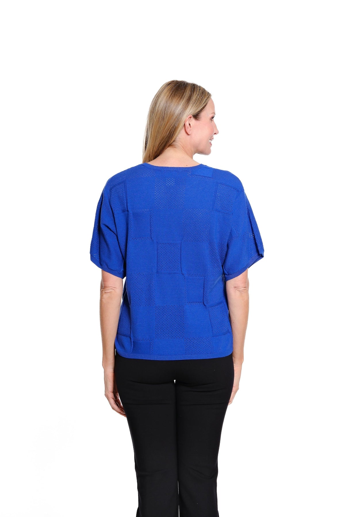 Dolman Short Sleeve Banded Neck Solid Pattern Sweater Pullover Top - Dazzling Blue - view 3