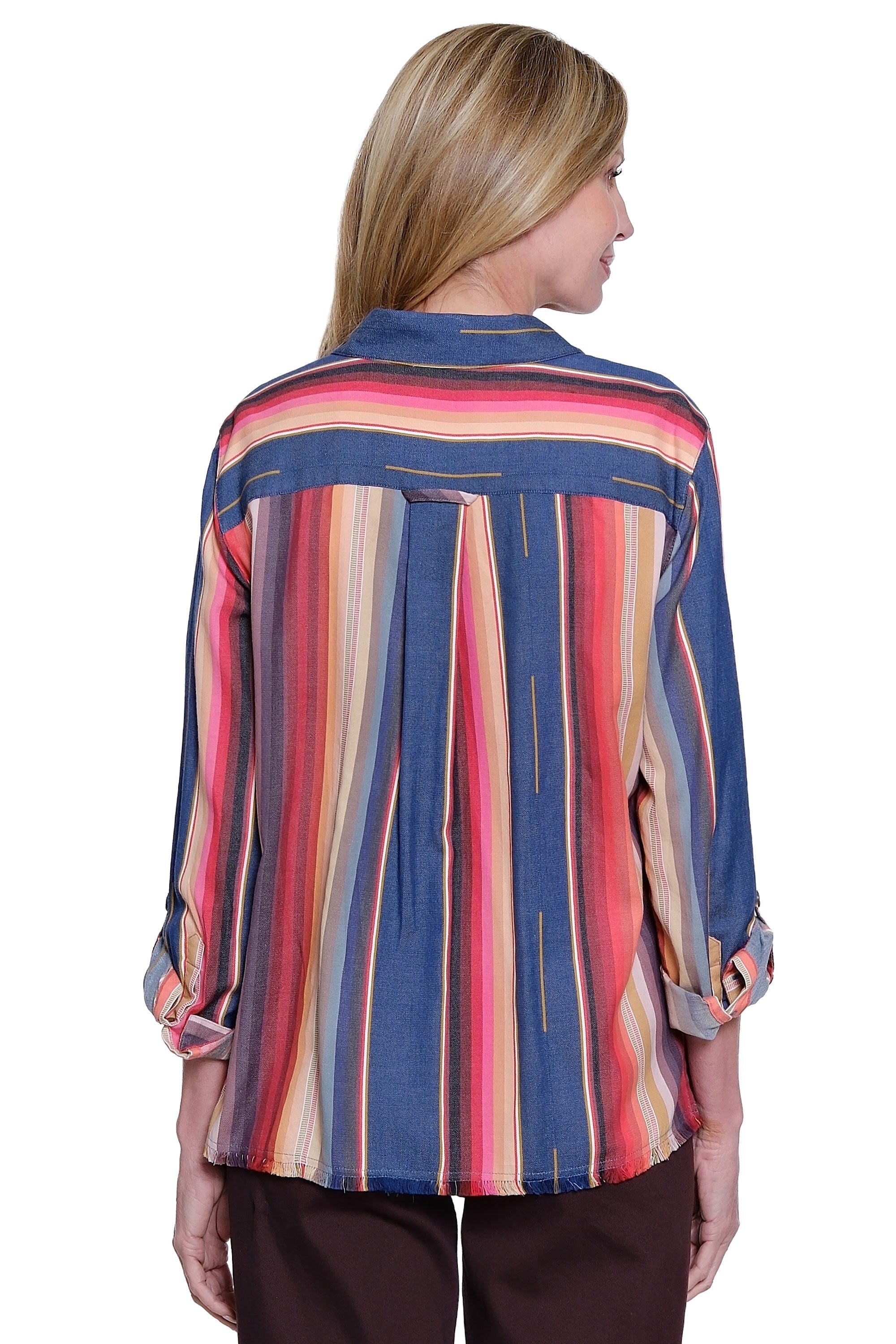 Y/D Stripe Roll Tab Long Sleeve Button Down Blouse with Patch Pocket - Stripe Multi - view 2