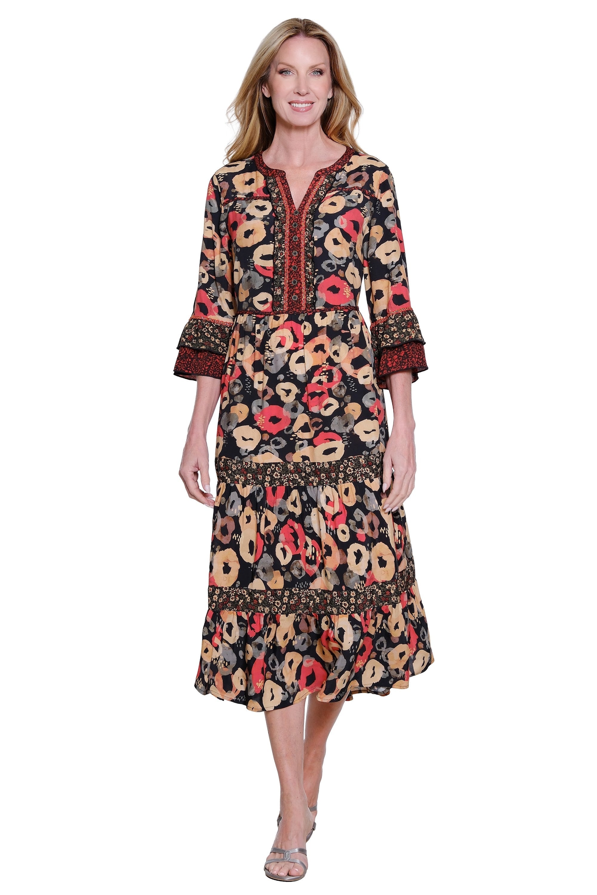 Printed 3/4 Sleeve Popover Tiered Dress with Flounce Sleeves - Floral Multi