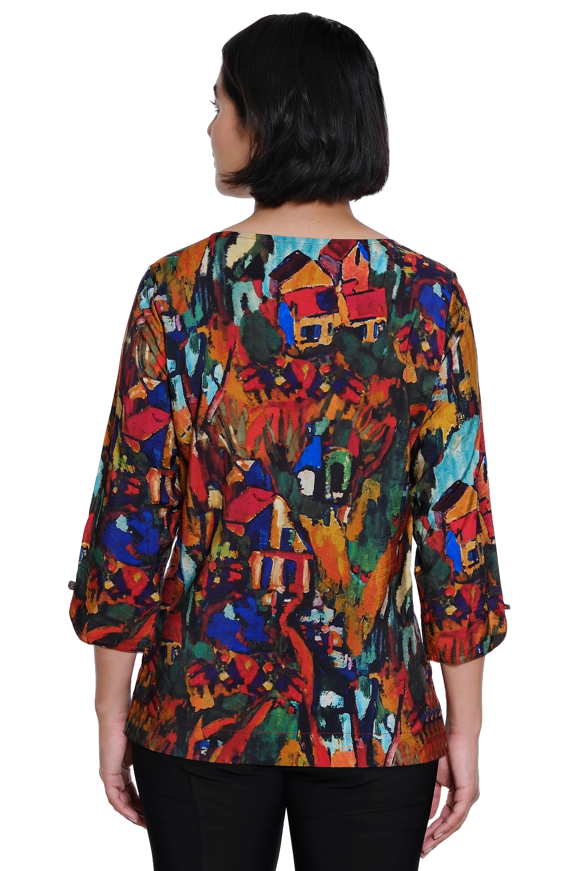 Printed Woven Popover with Rounded Neck and Front Pockets - Abstract Multi - view 2