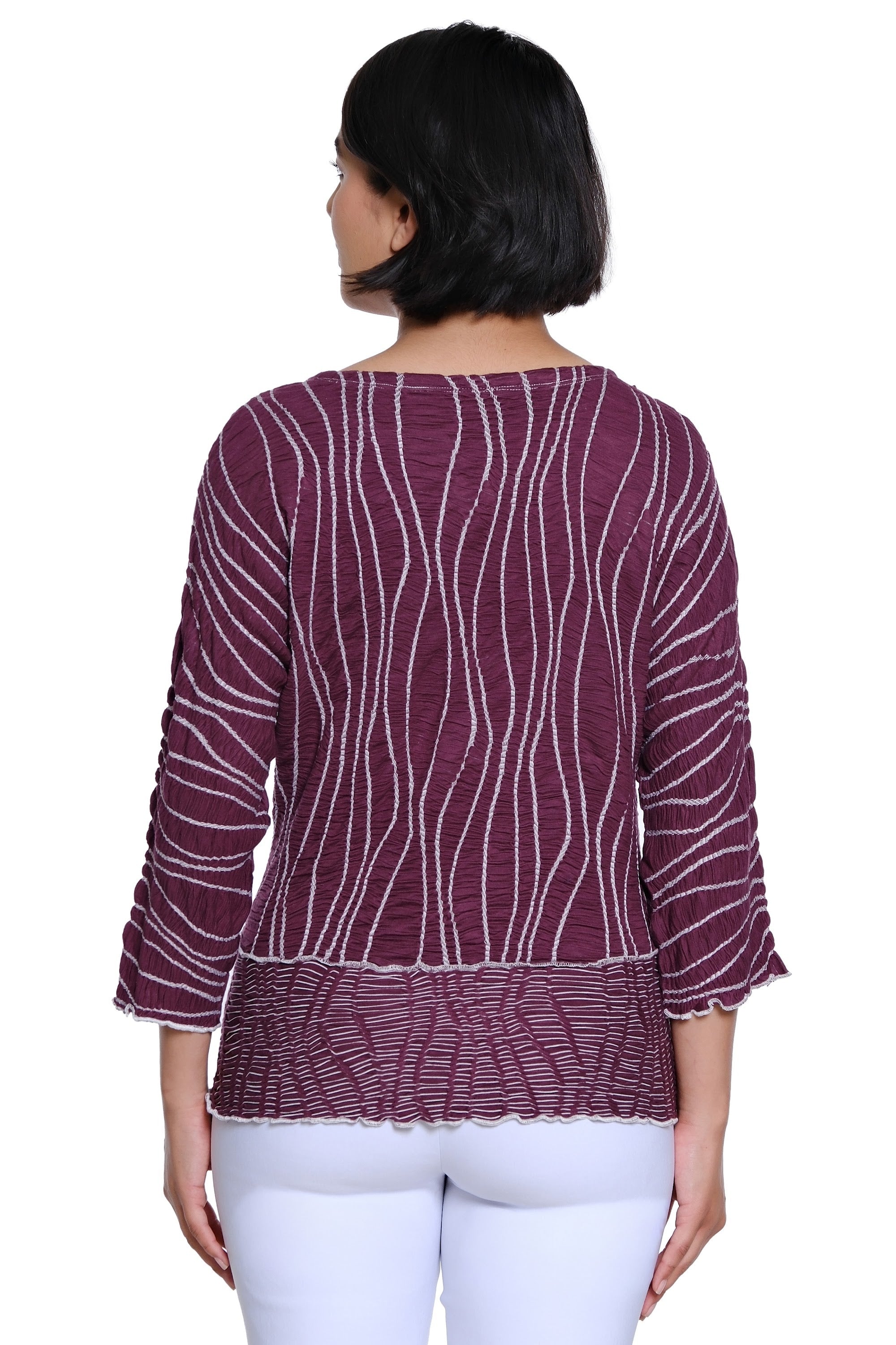 Y/D Textured Knit Popover Top with Rounded Neck and 3/4 Raglan Sleeves - Eggplant - view 2
