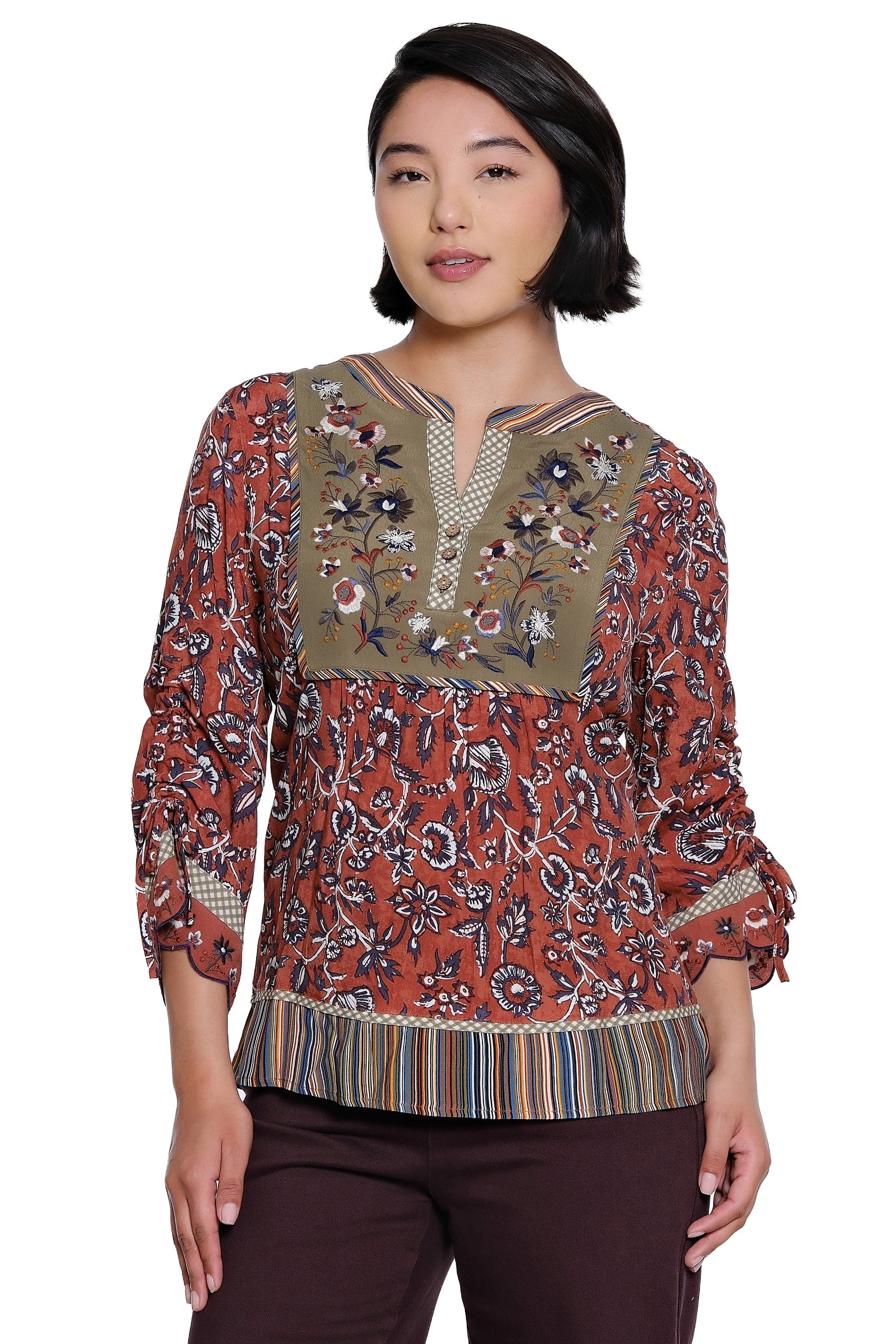 Mix Print 3/4 Cinch Sleeve Split Neck Tunic with Embroidery Details - Floral Multi
