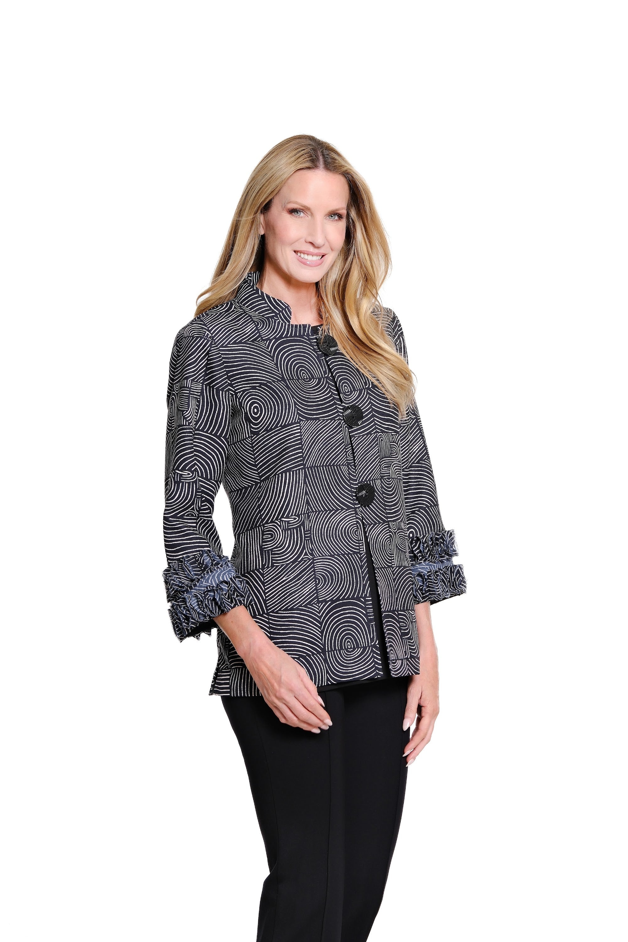 3/4 Sleeve Stand Collar Loop and Button Closure Lined Woven Jacket with Print Gauze Trim - Black Print - view 3