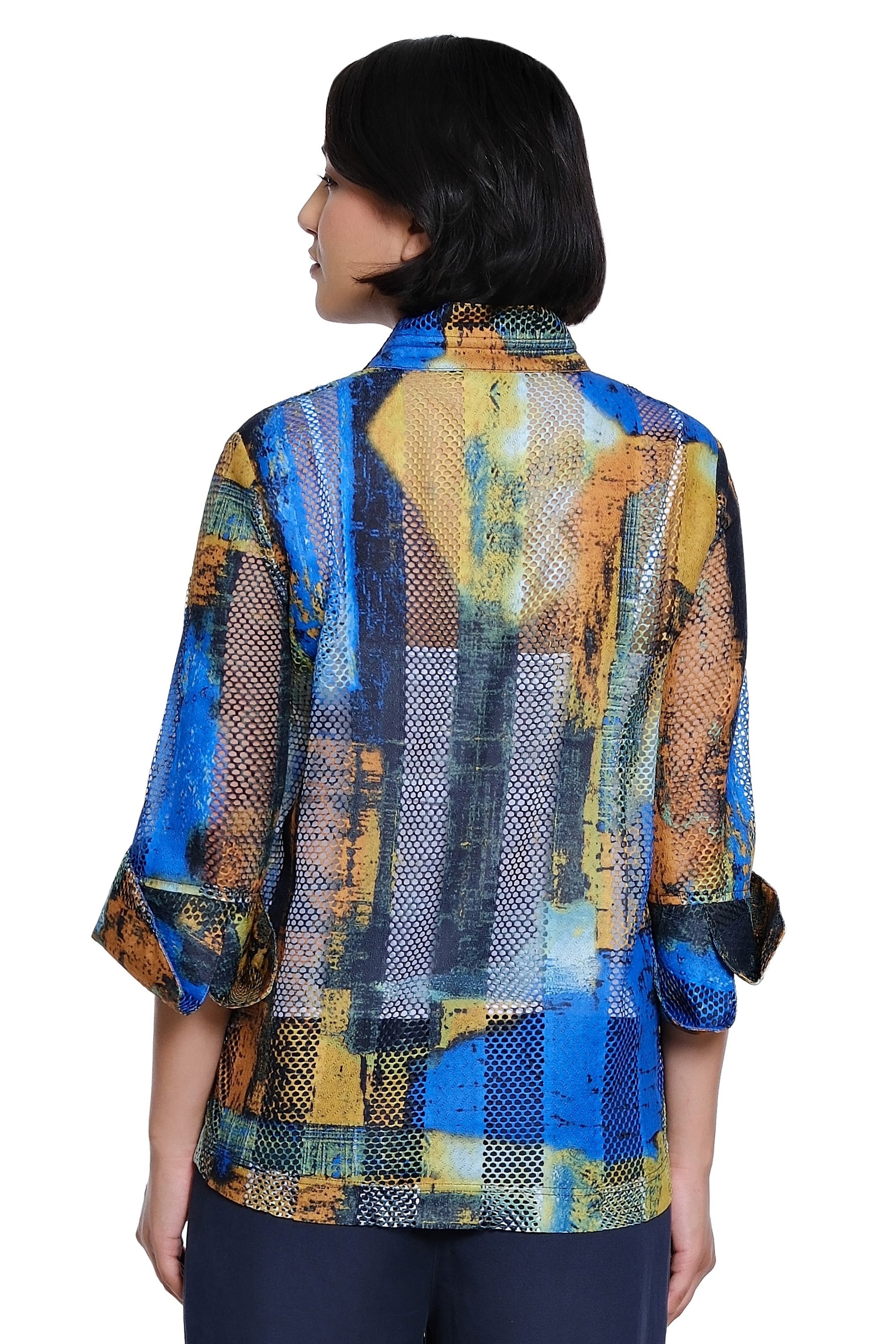 Printed Woven Textured Jacket with Wire Collar and 3/4 Sleeves - Blue Abstract Print - view 2