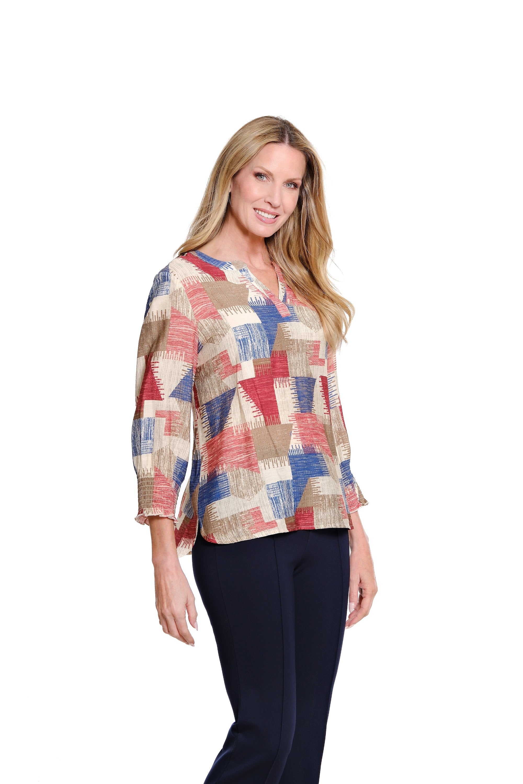 Multi-Needle Shirred Cuff 3/4 Sleeve Y-Neck Band Collar Hi-Lo Print Woven Top - Multi - view 2