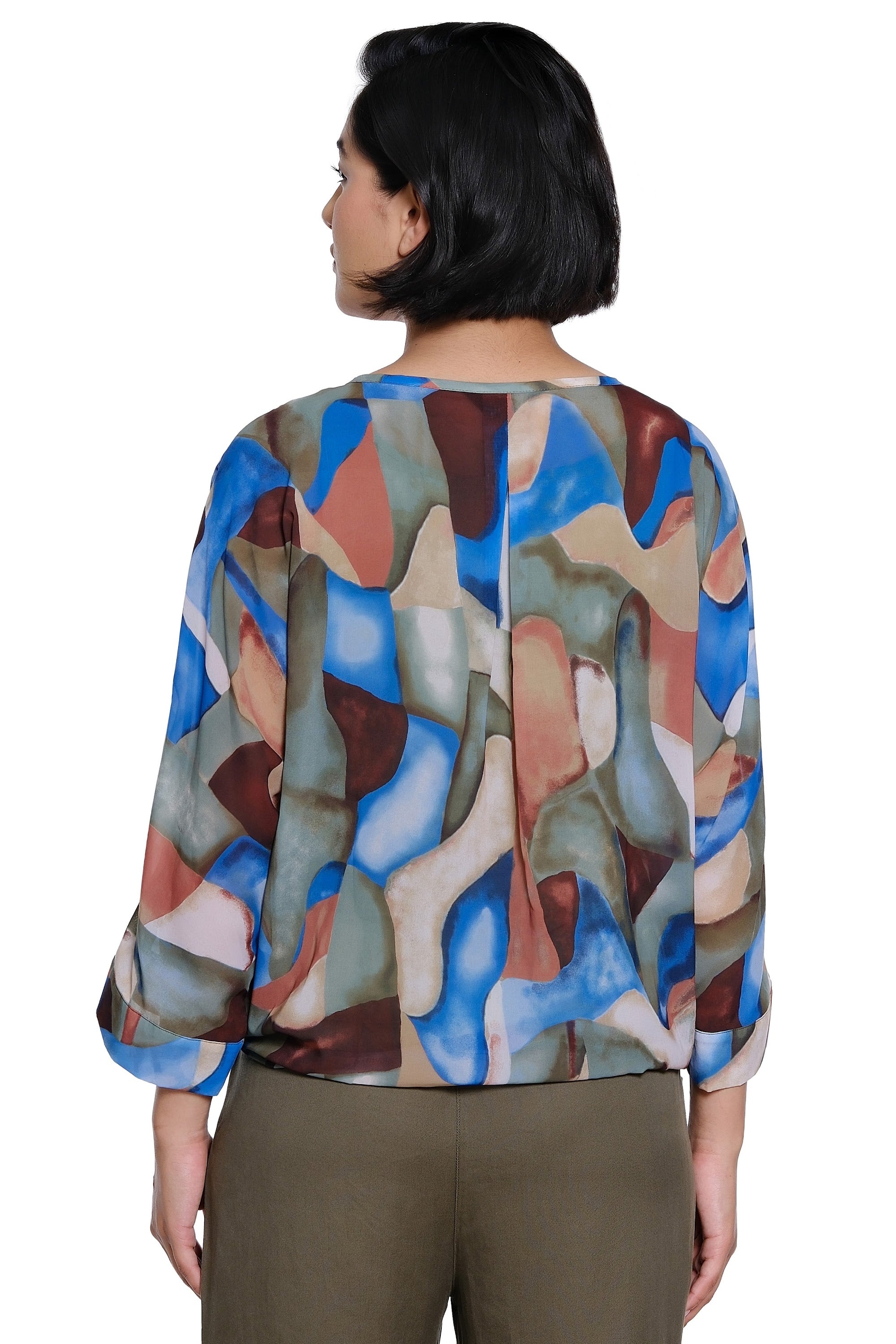 Printed Woven Button Front Top with Dolman Sleeves and Tie Front - Geo Multi - view 2