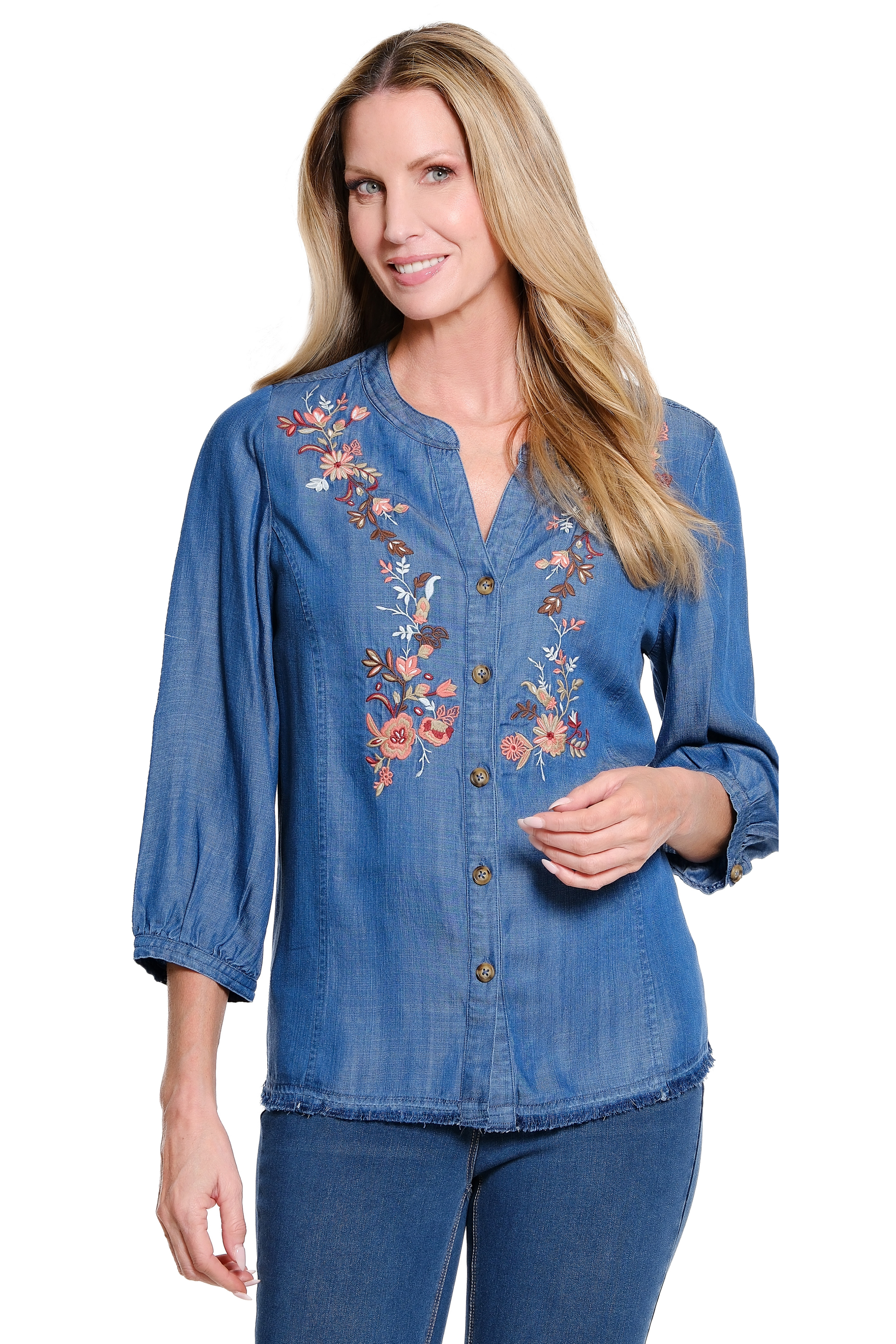 3/4 Sleeve Band Collar Button Front Denim Shirt with Embroidery and Fringe Hem - Multi