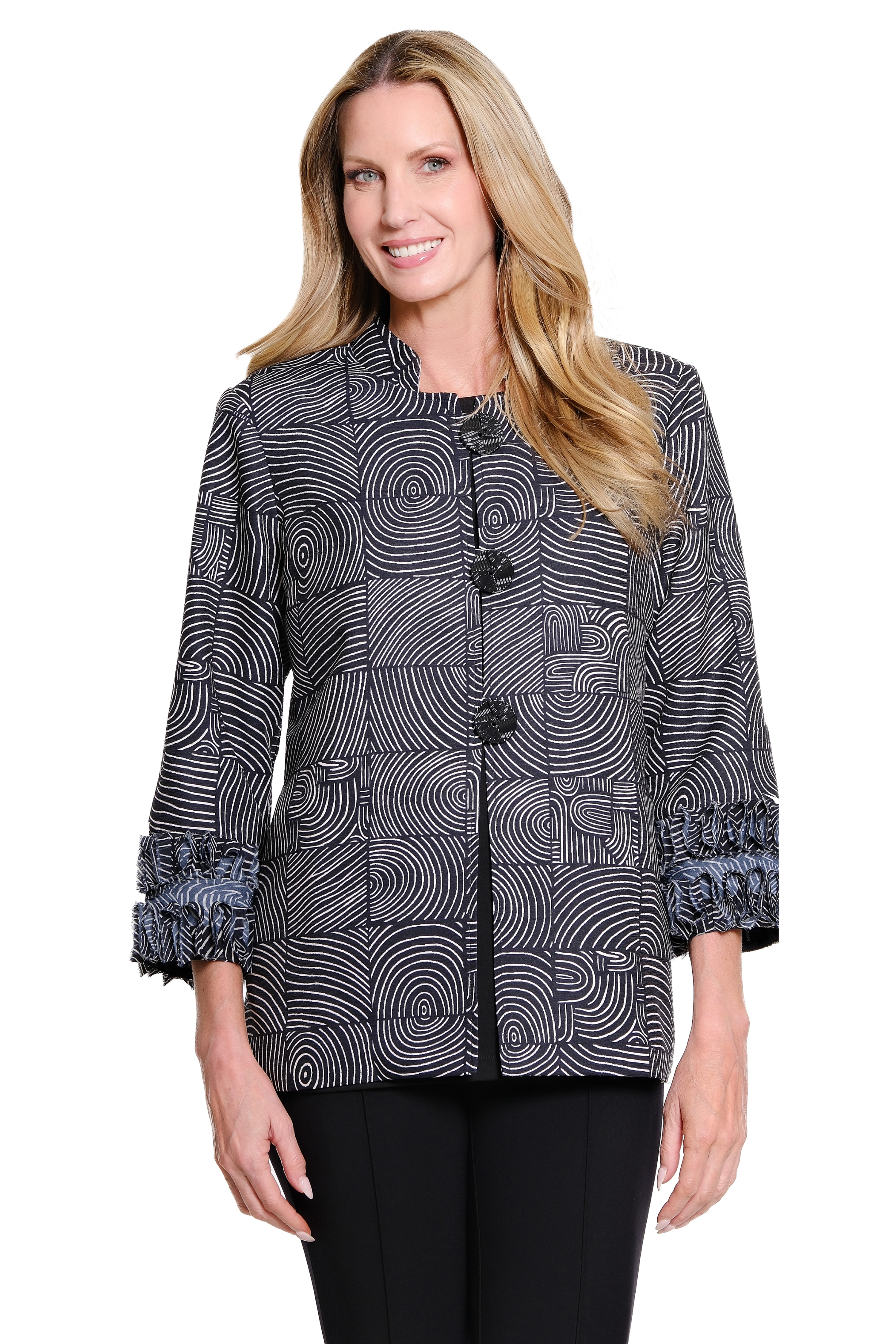 3/4 Sleeve Stand Collar Loop and Button Closure Lined Woven Jacket with Print Gauze Trim - Black Print