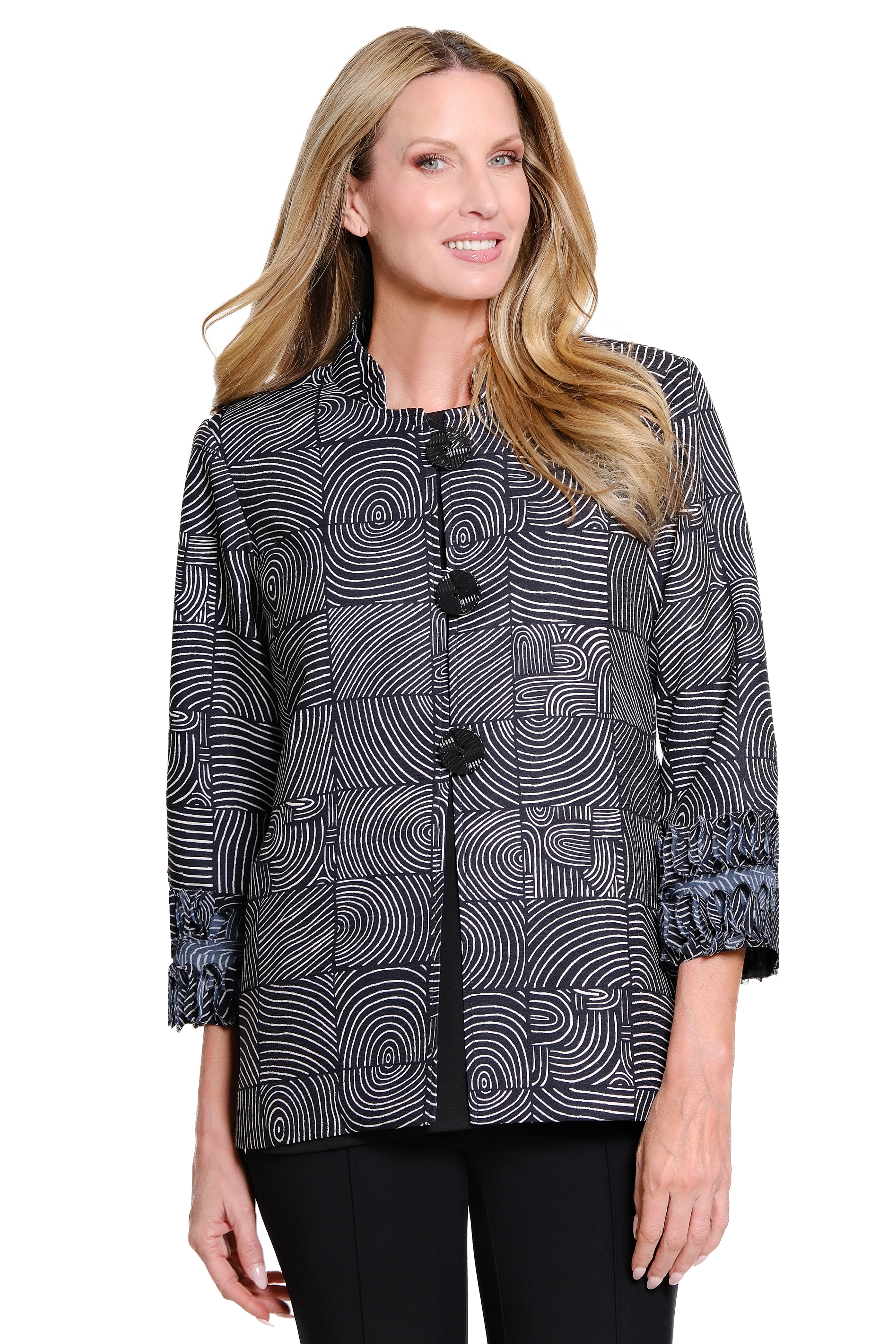 3/4 Sleeve Stand Collar Loop and Button Closure Lined Woven Jacket with Print Gauze Trim - Black Print