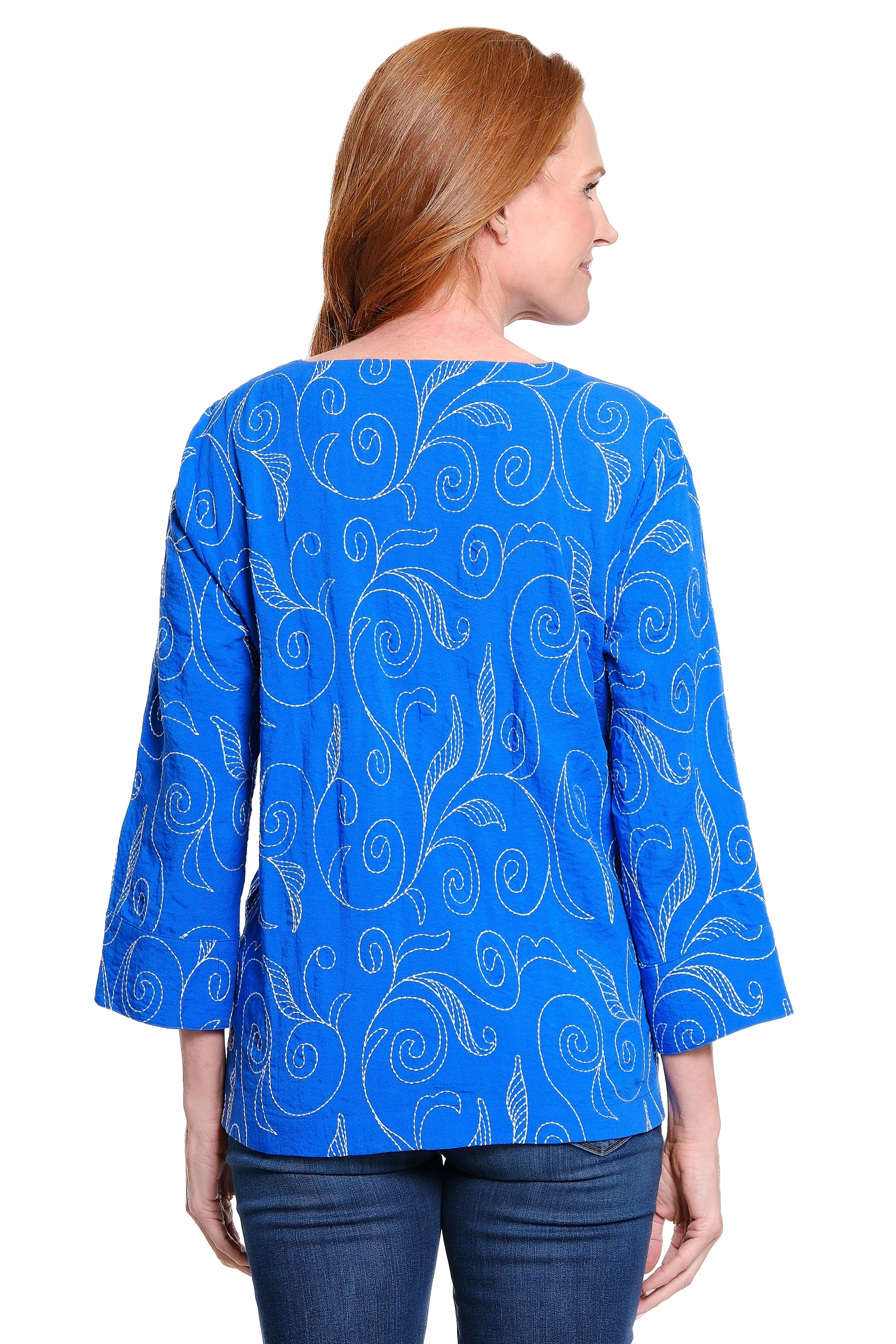 Embroidered V-Neck Popover - Plus - Electric Blue