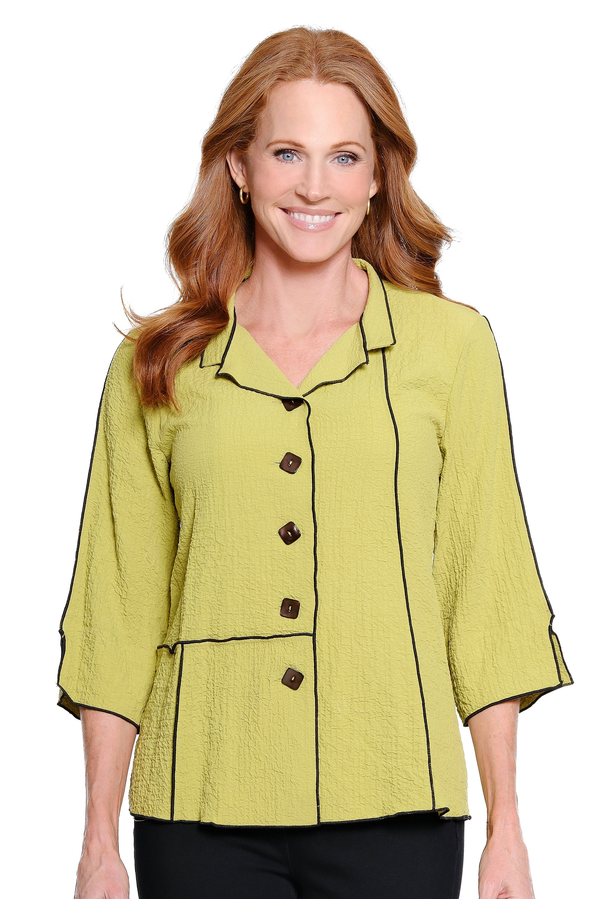 Textured Woven Button-Front Tunic - Lime Citron
