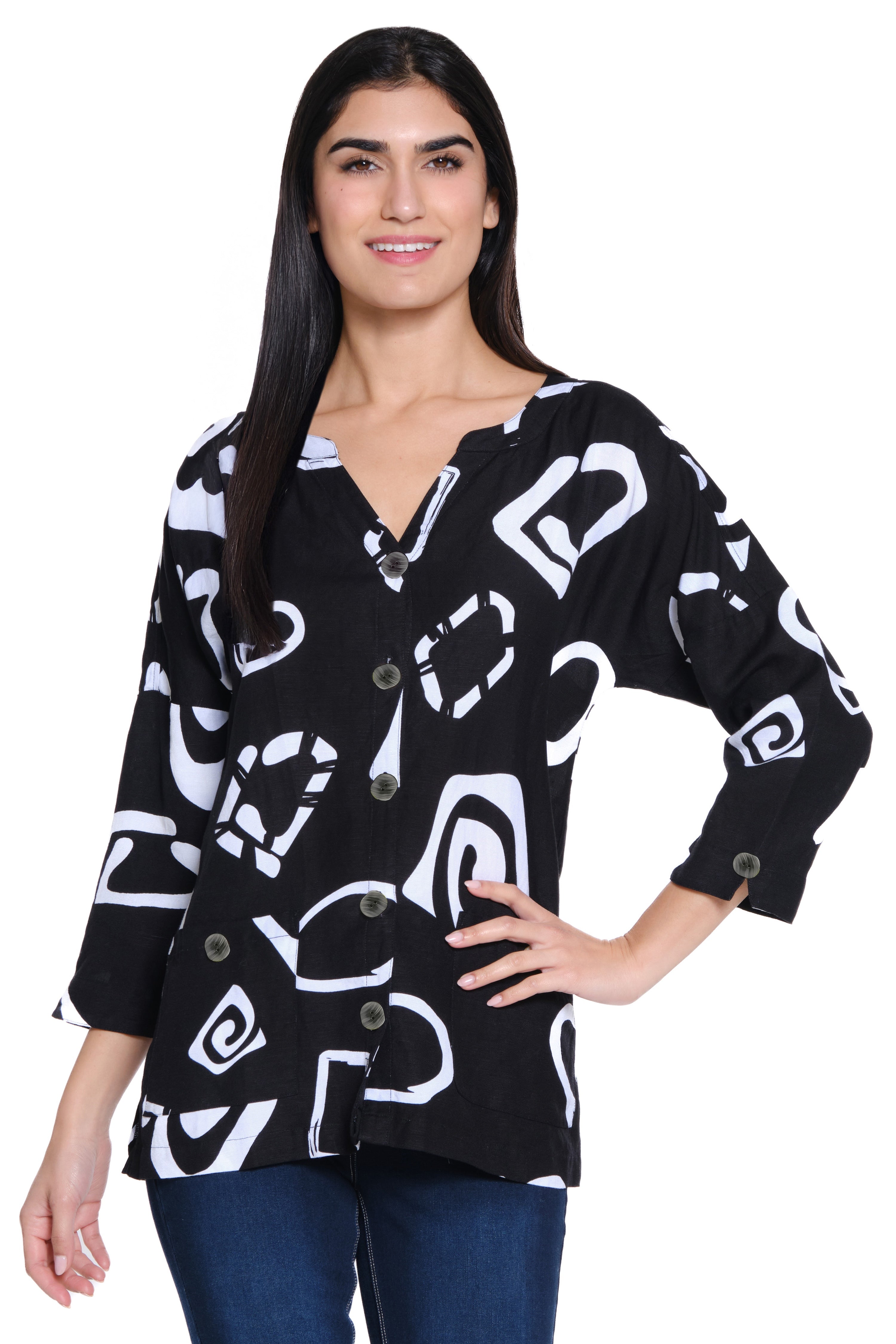 Woven Button Front Blouse - Black/White