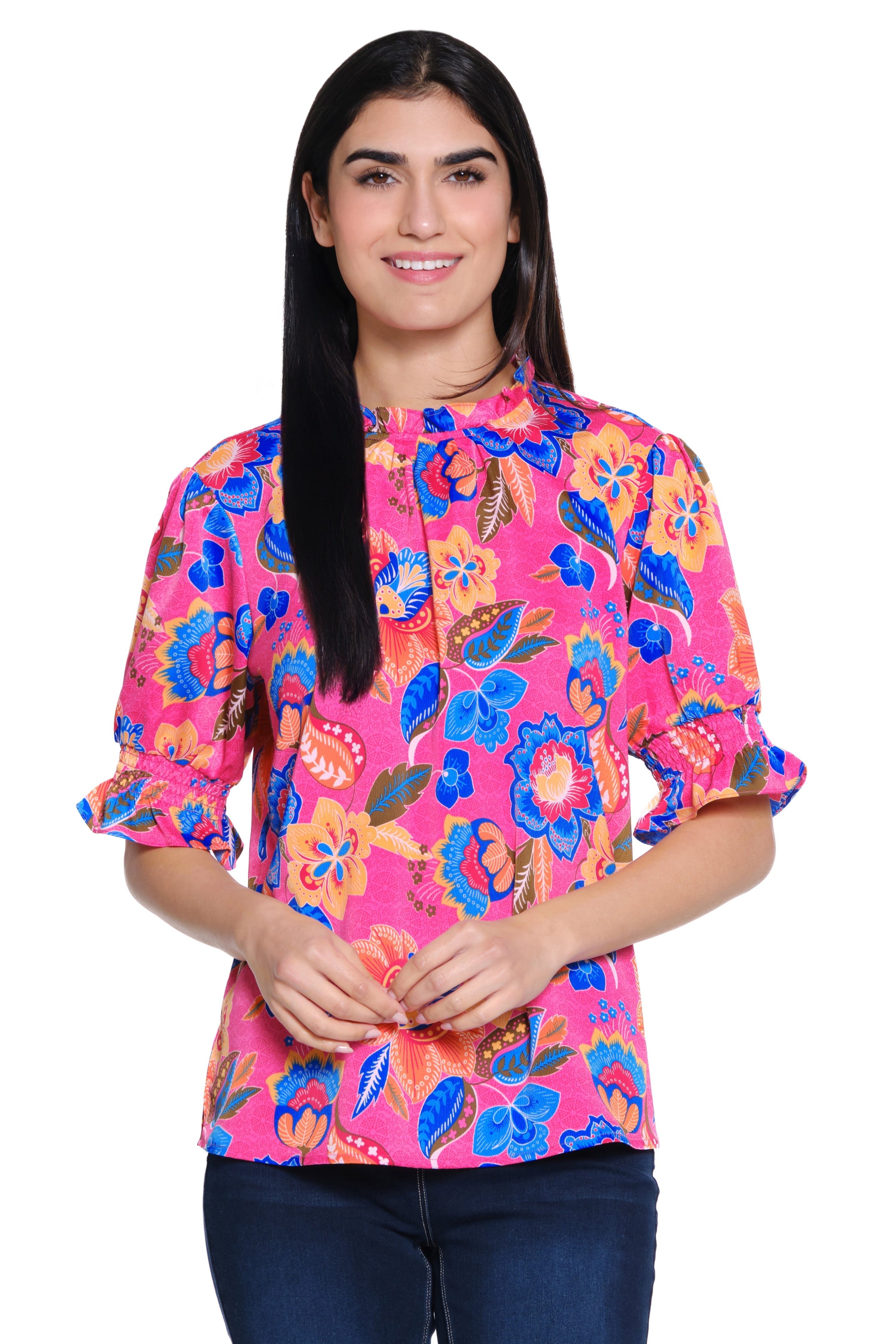 Woven Tunic Elbow Ruffle Sleeves - Cool Floral