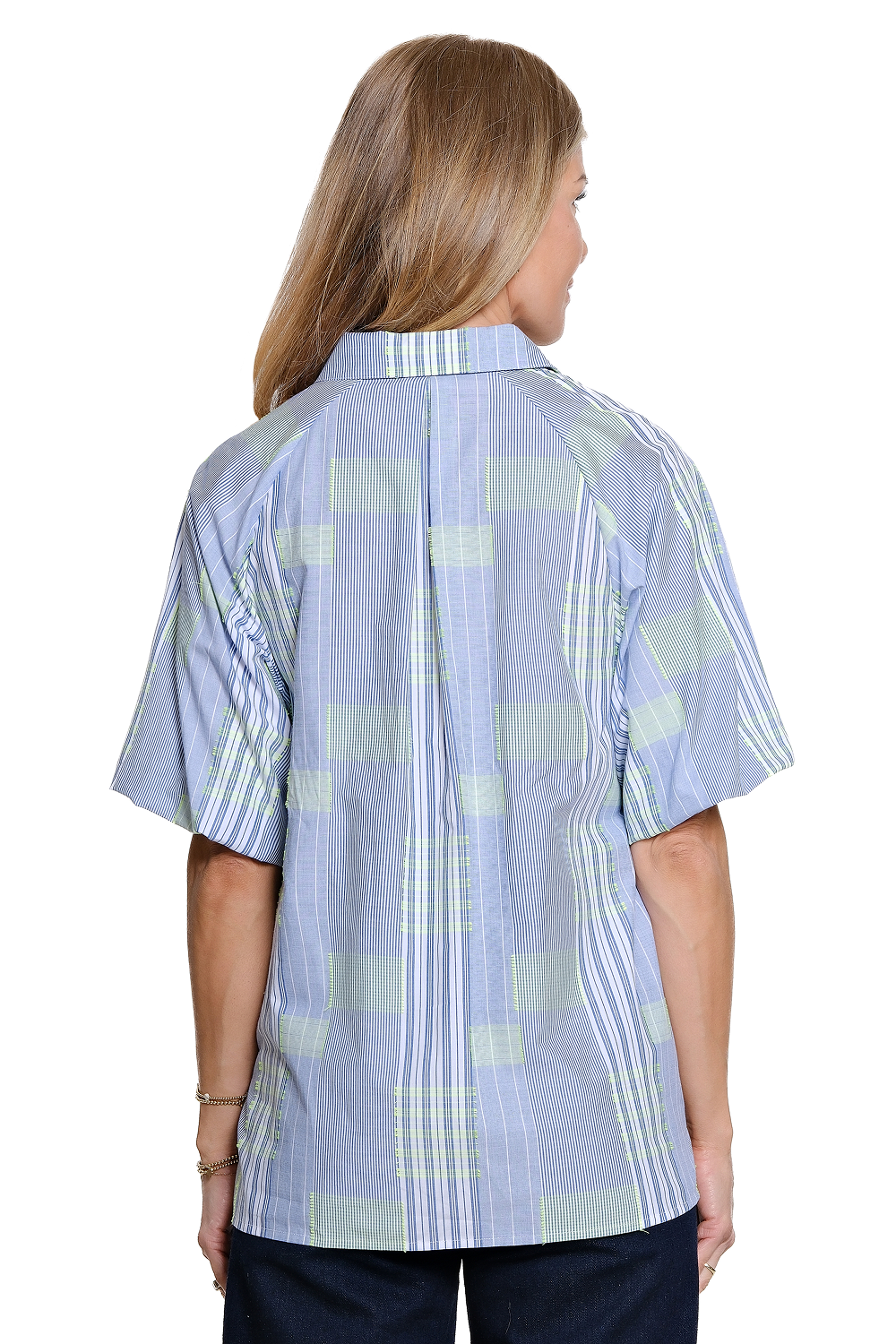 Blue Yarn Dye Button Front Blouse - Plus
