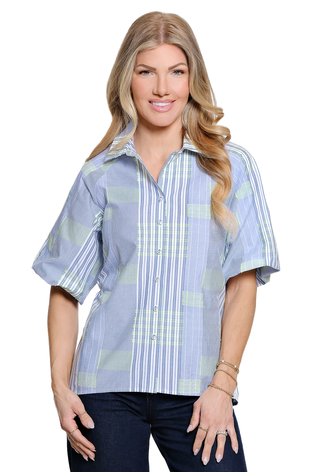 Blue Yarn Dye Button Front Blouse - Plus