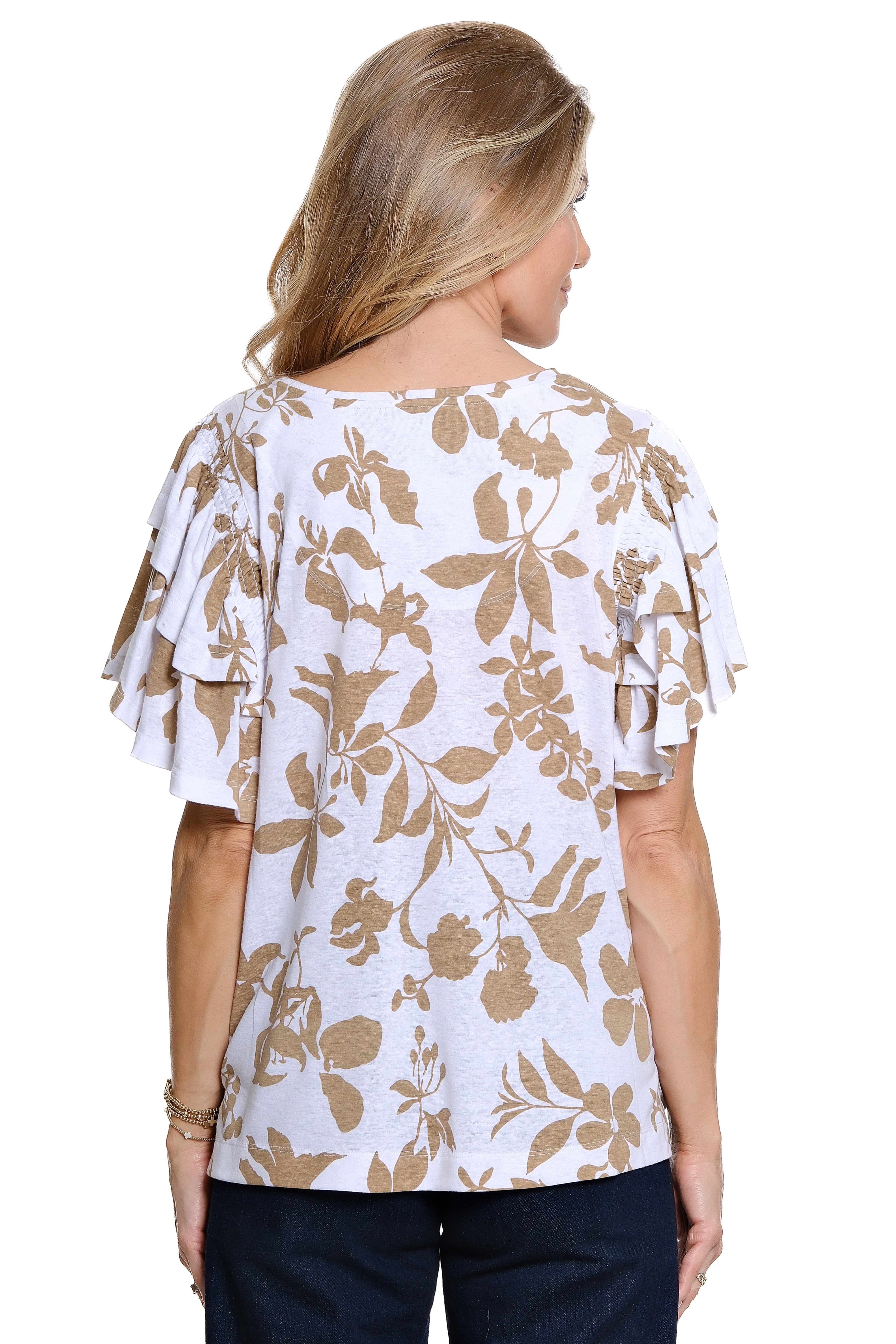 Knit Shirred Sleeve Top - Plus - Leaf Print