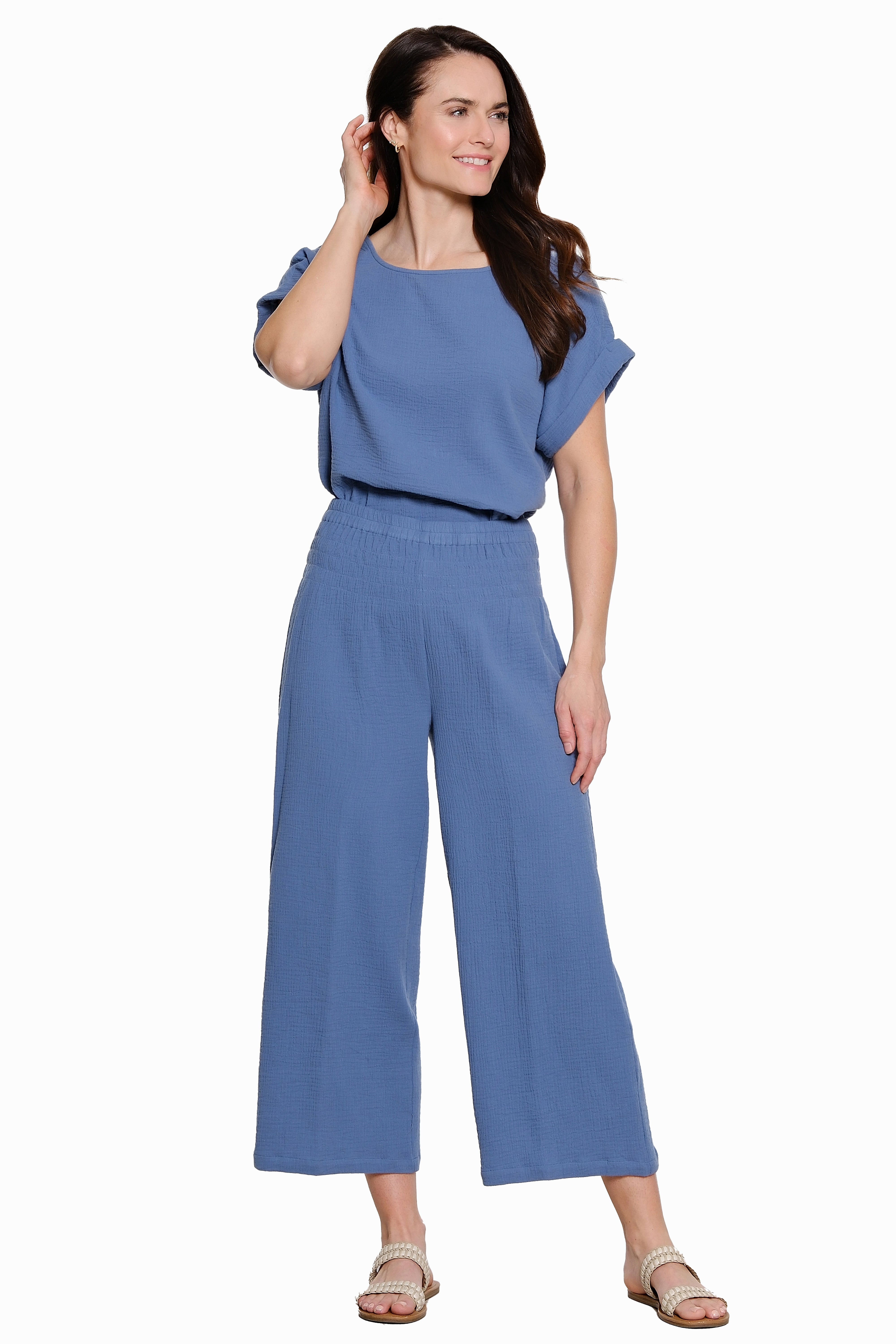 Cotton Wide Leg Pull-On Pant - Plus - Blue/Grey