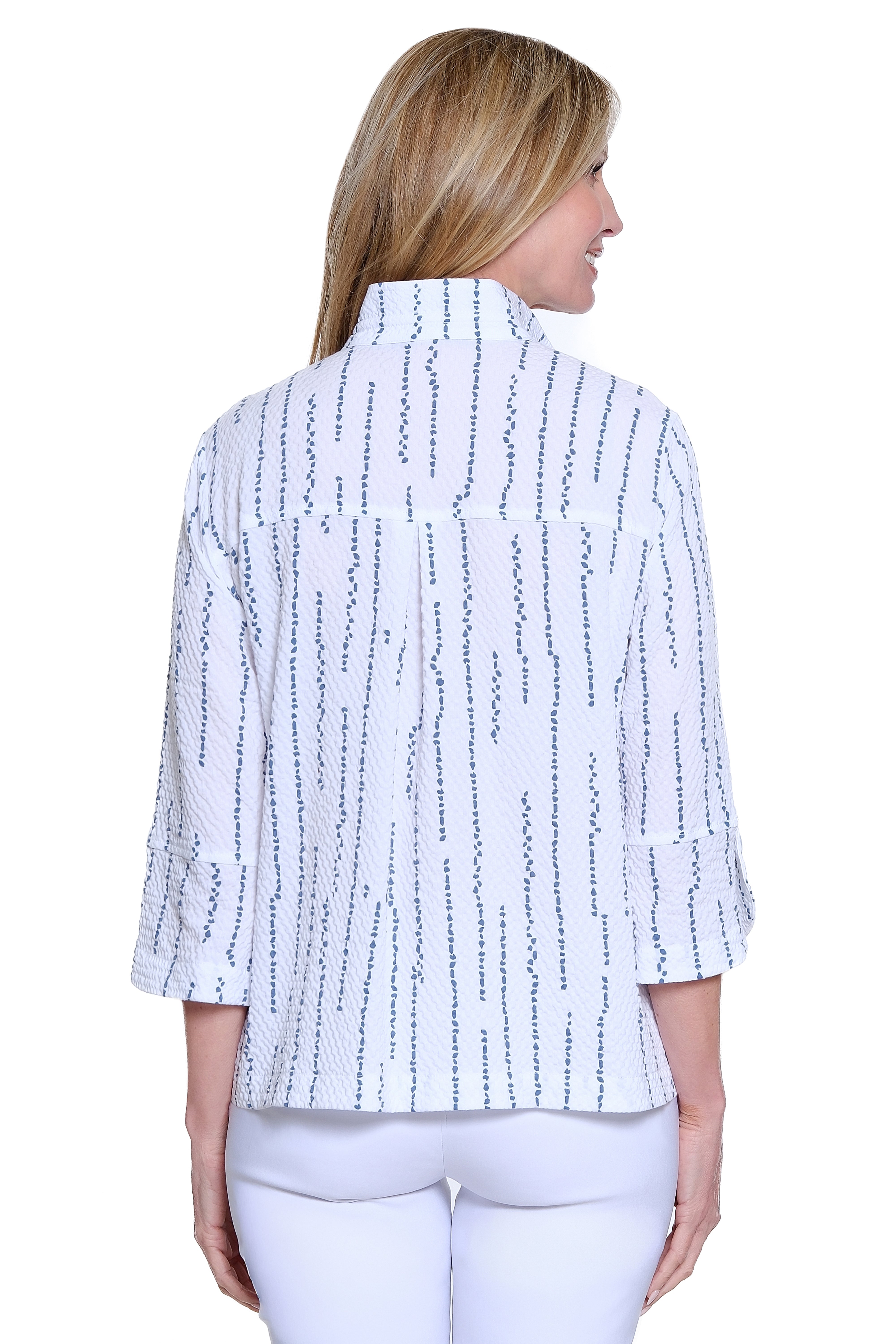 Rayon Blend Button Front Shirt with Wire Collar - White/Blue