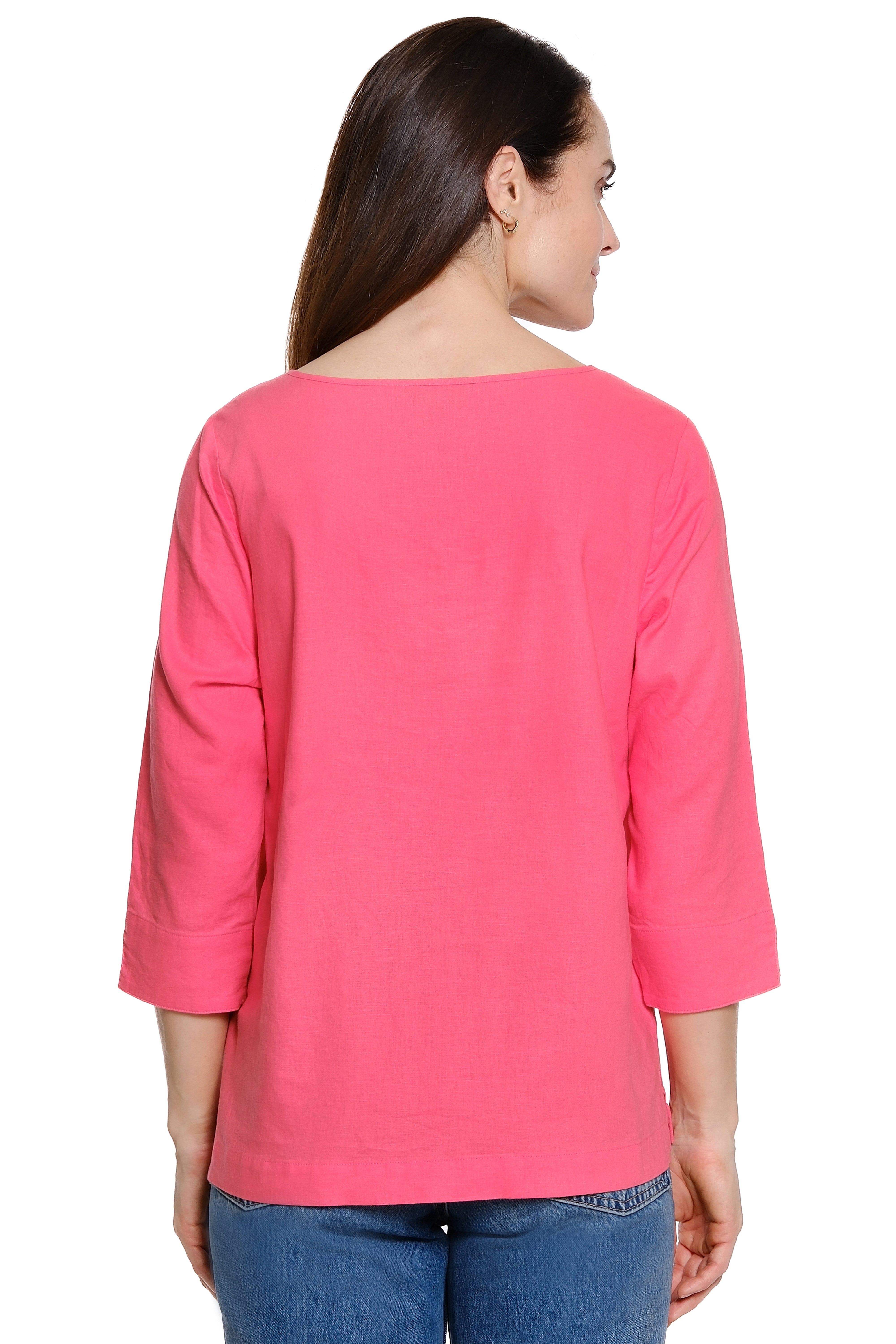 Woven Pop-Over Top with Button Detail - Watermelon