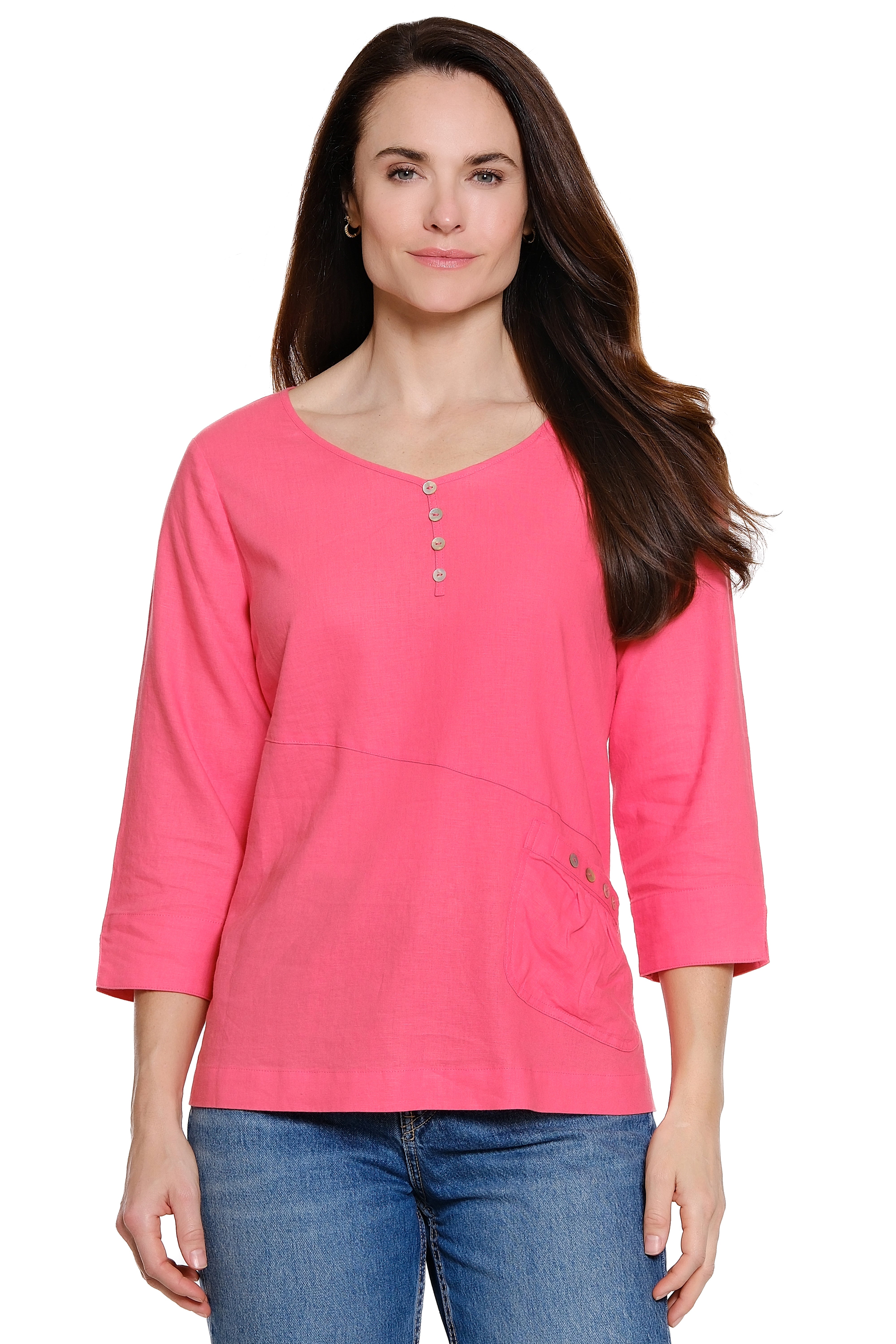 Woven Pop-Over Top with Button Detail - Watermelon