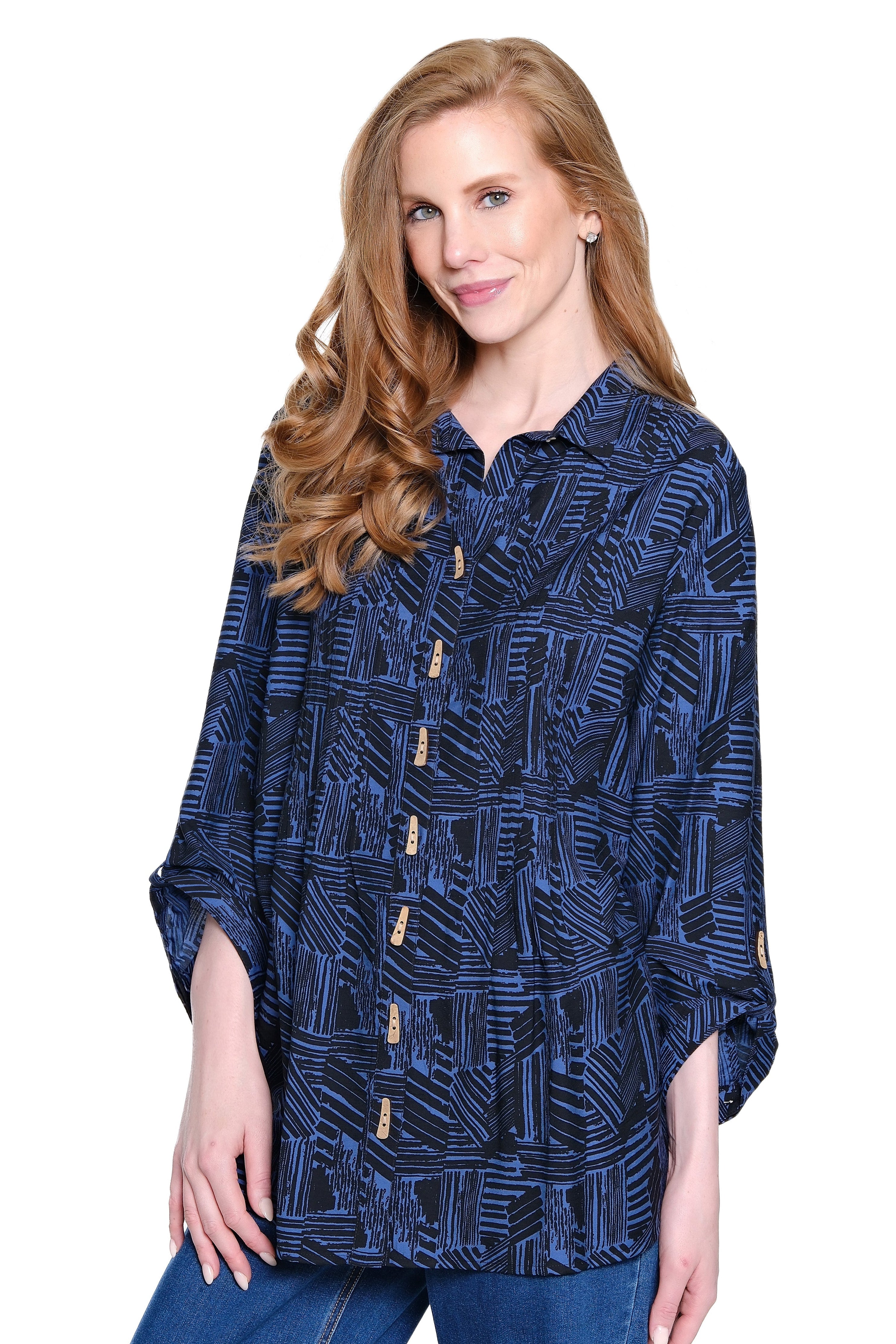 Print Tunic with Button Tab Sleeves - Plus - Indigo Blue