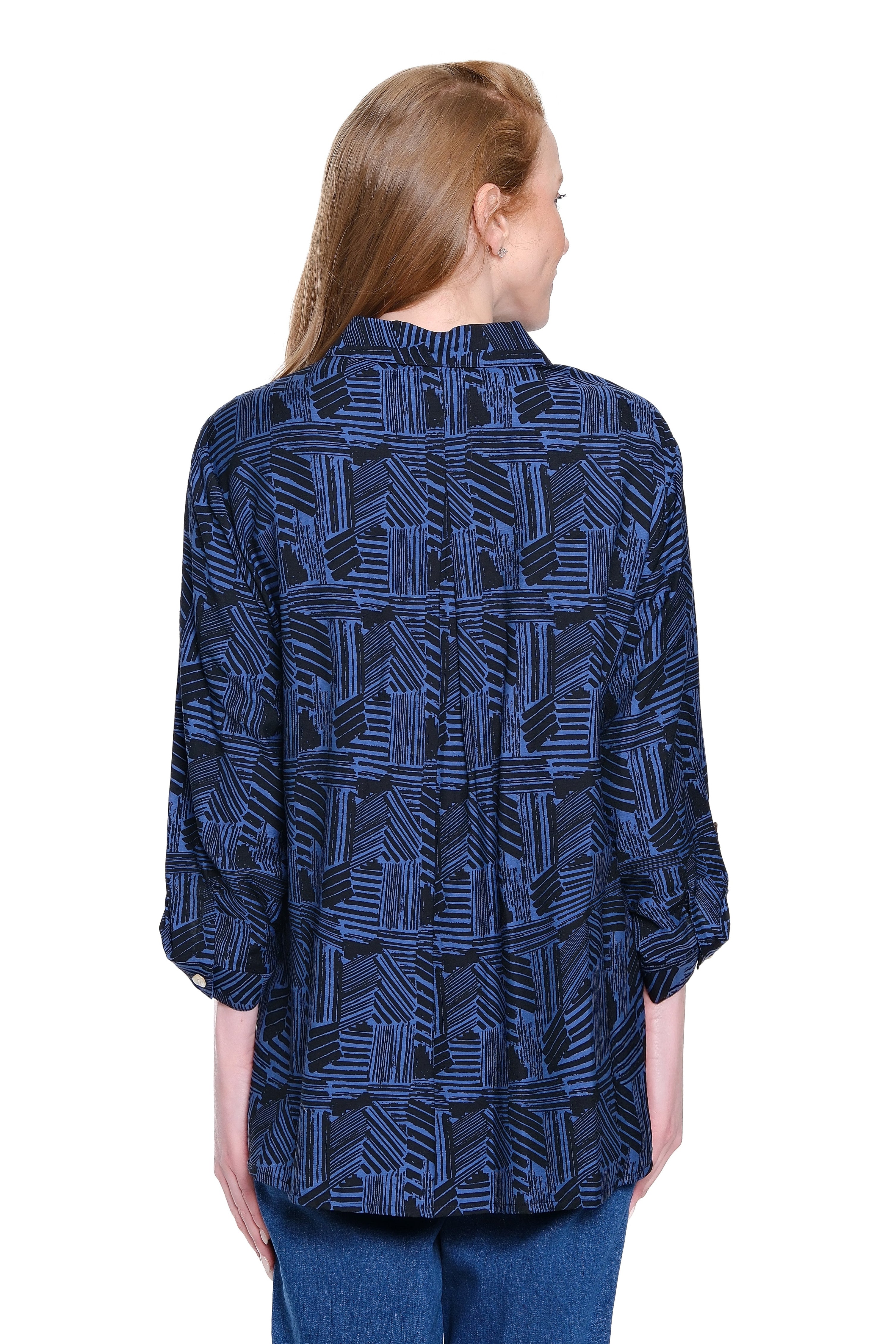 Print Tunic with Button Tab Sleeves - Plus - Indigo Blue