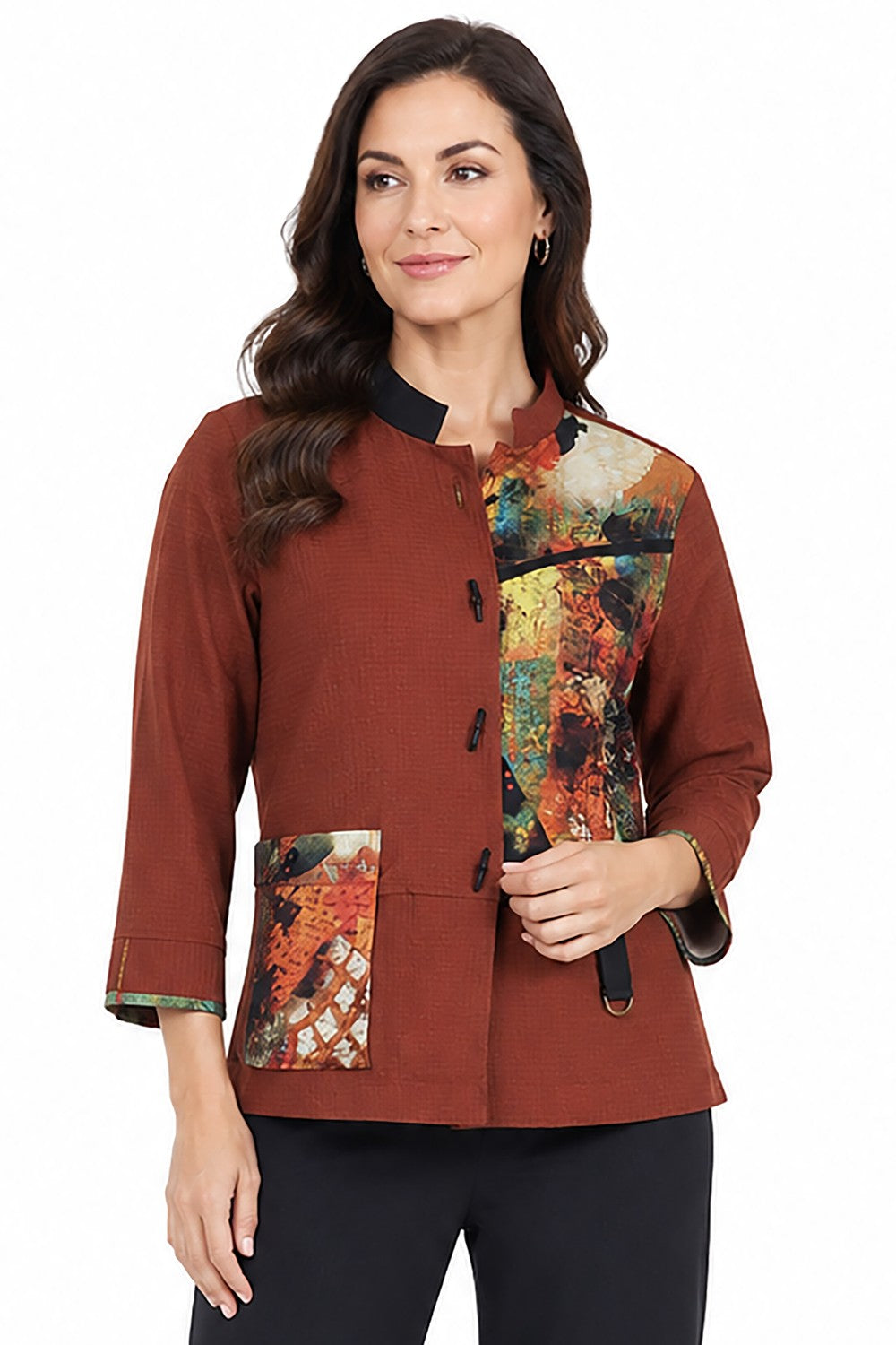 Ali Miles Rustic Orange Textured Woven Button-Front Top - Missy