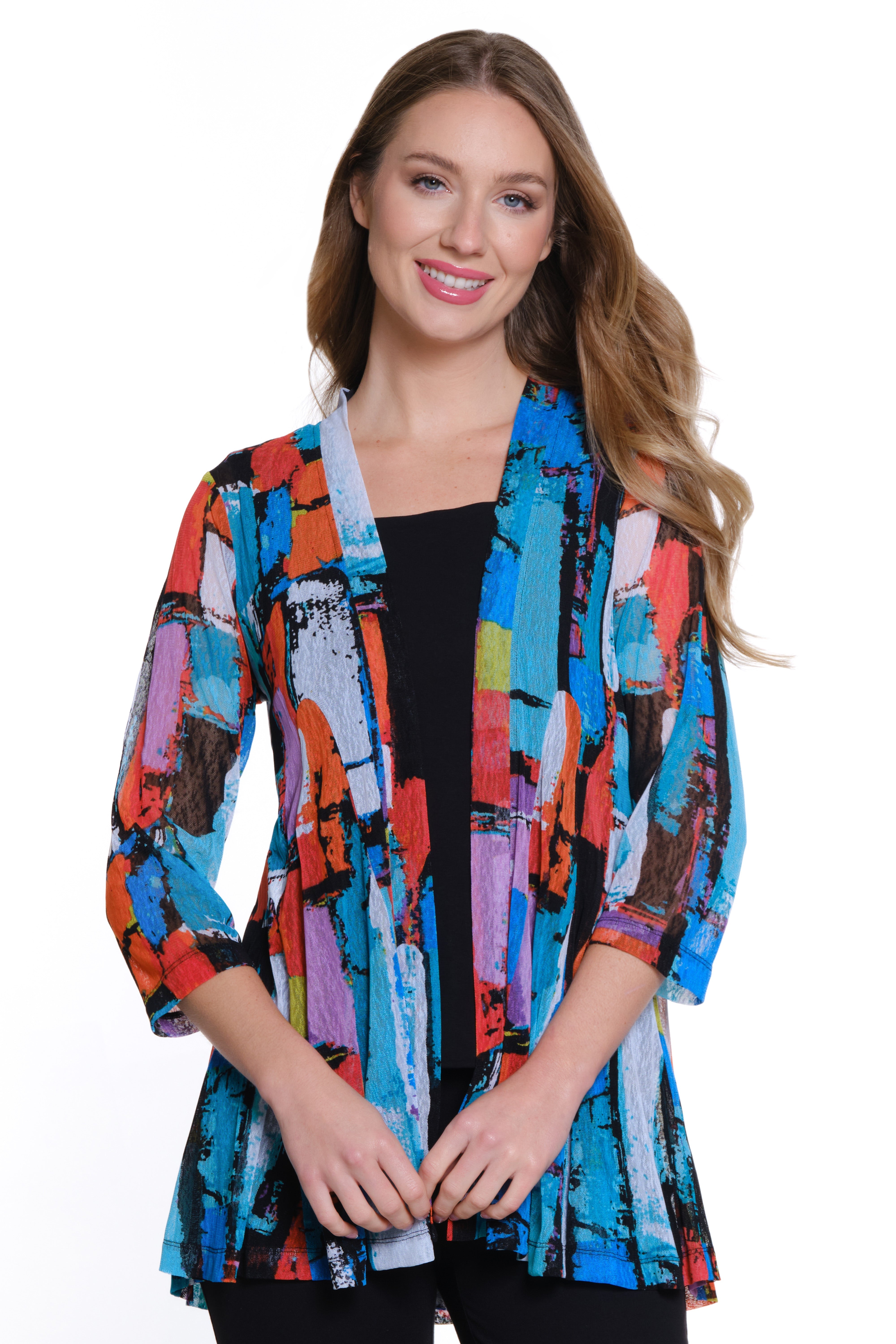 Printed Mesh Open Front Kimono - Abstract Multi
