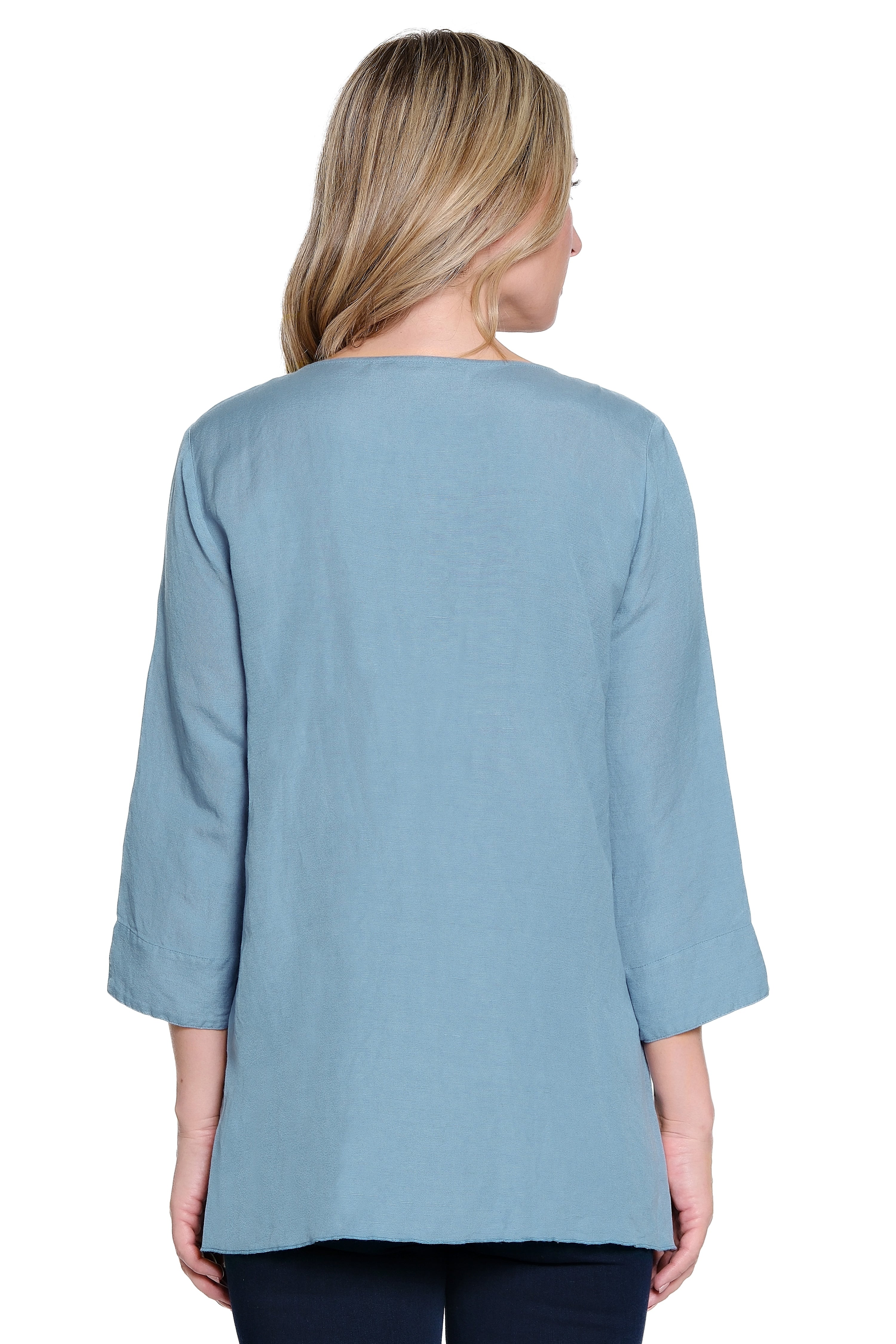 Linen Blend Top with Front Button Details - Chambray