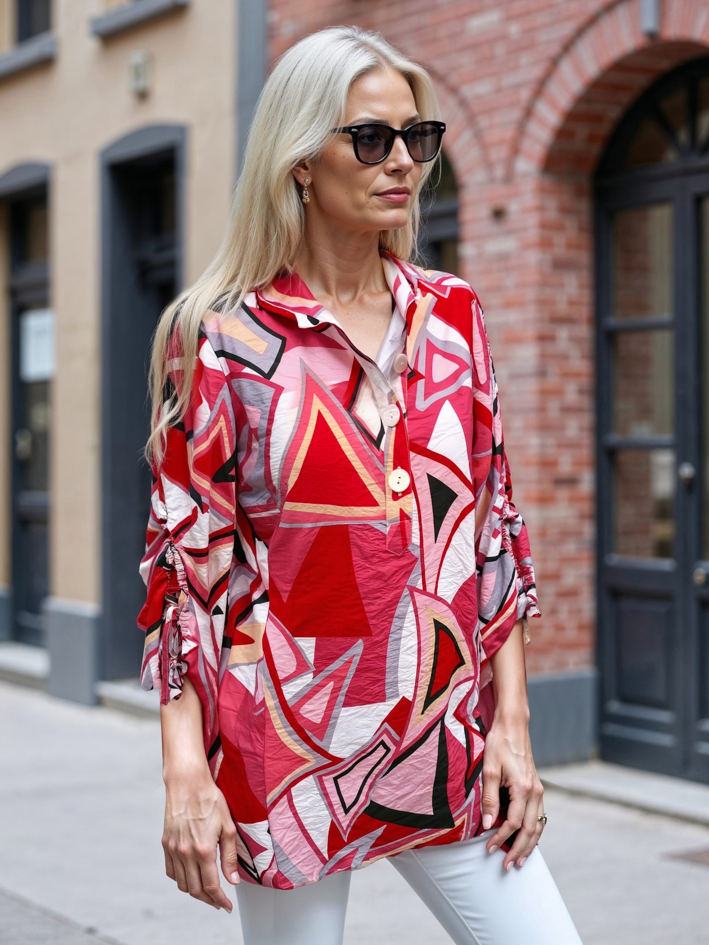 Woven Print Tunic with Cinch Sleeves - Multi Blush