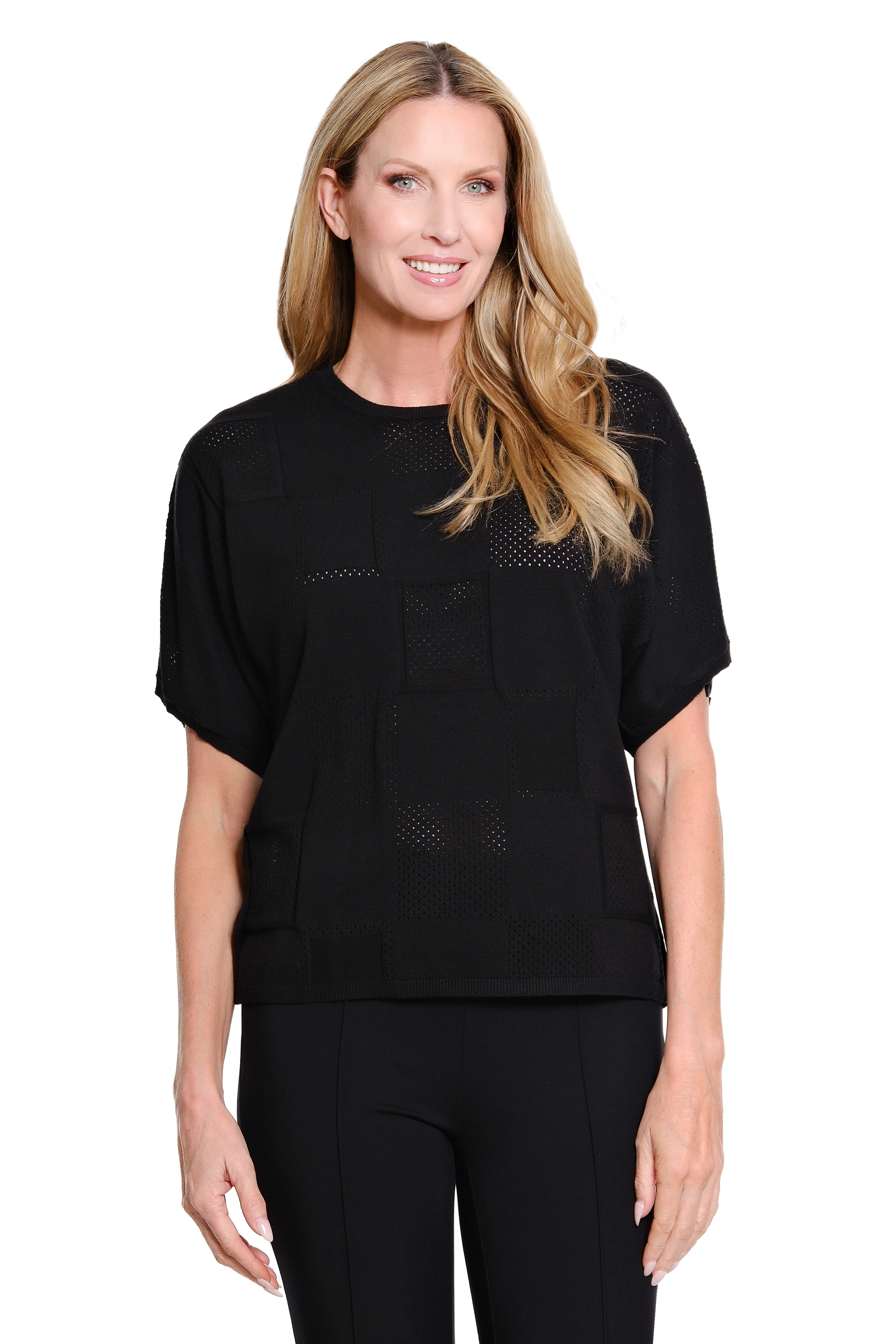 Dolman Short Sleeve Banded Neck Solid Pattern Sweater Pullover Top - Black