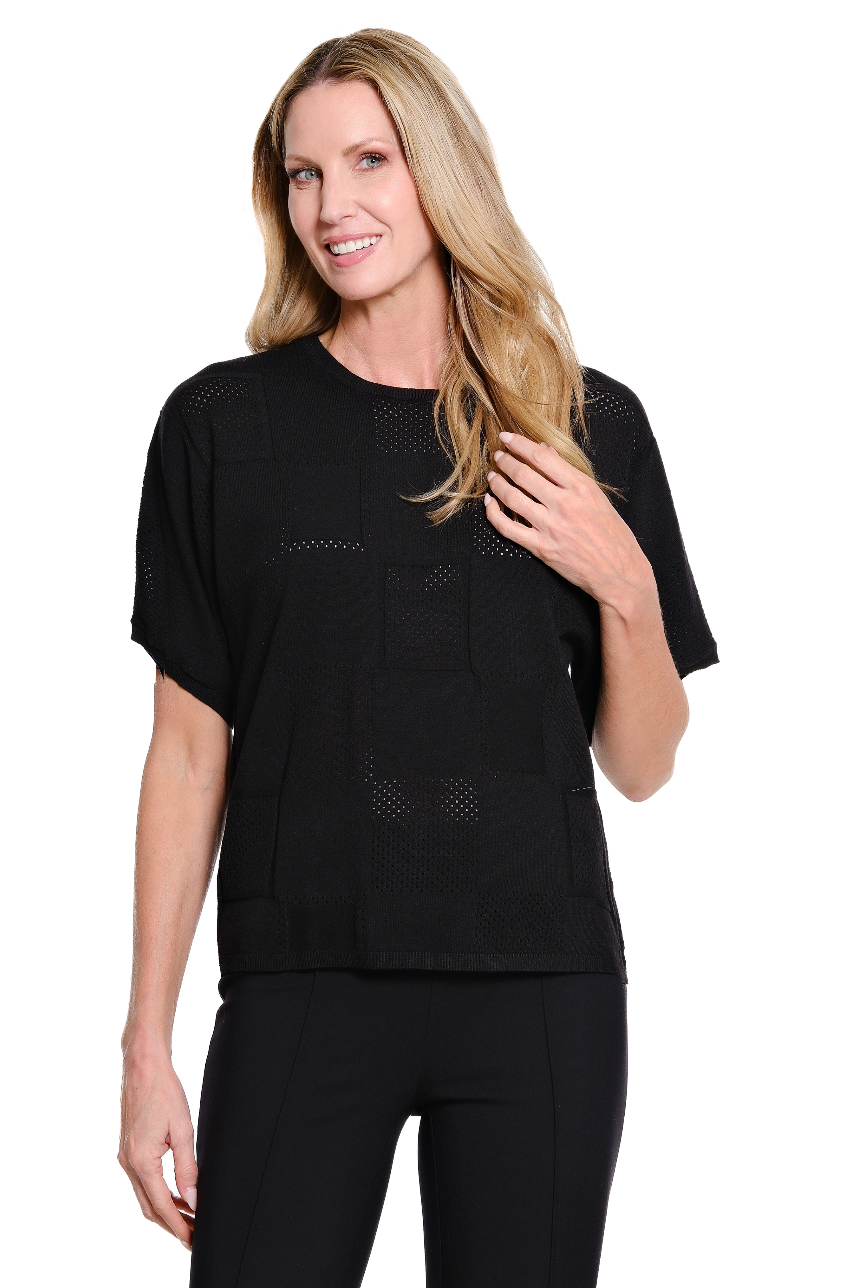 Dolman Short Sleeve Banded Neck Solid Pattern Sweater Pullover Top - Black