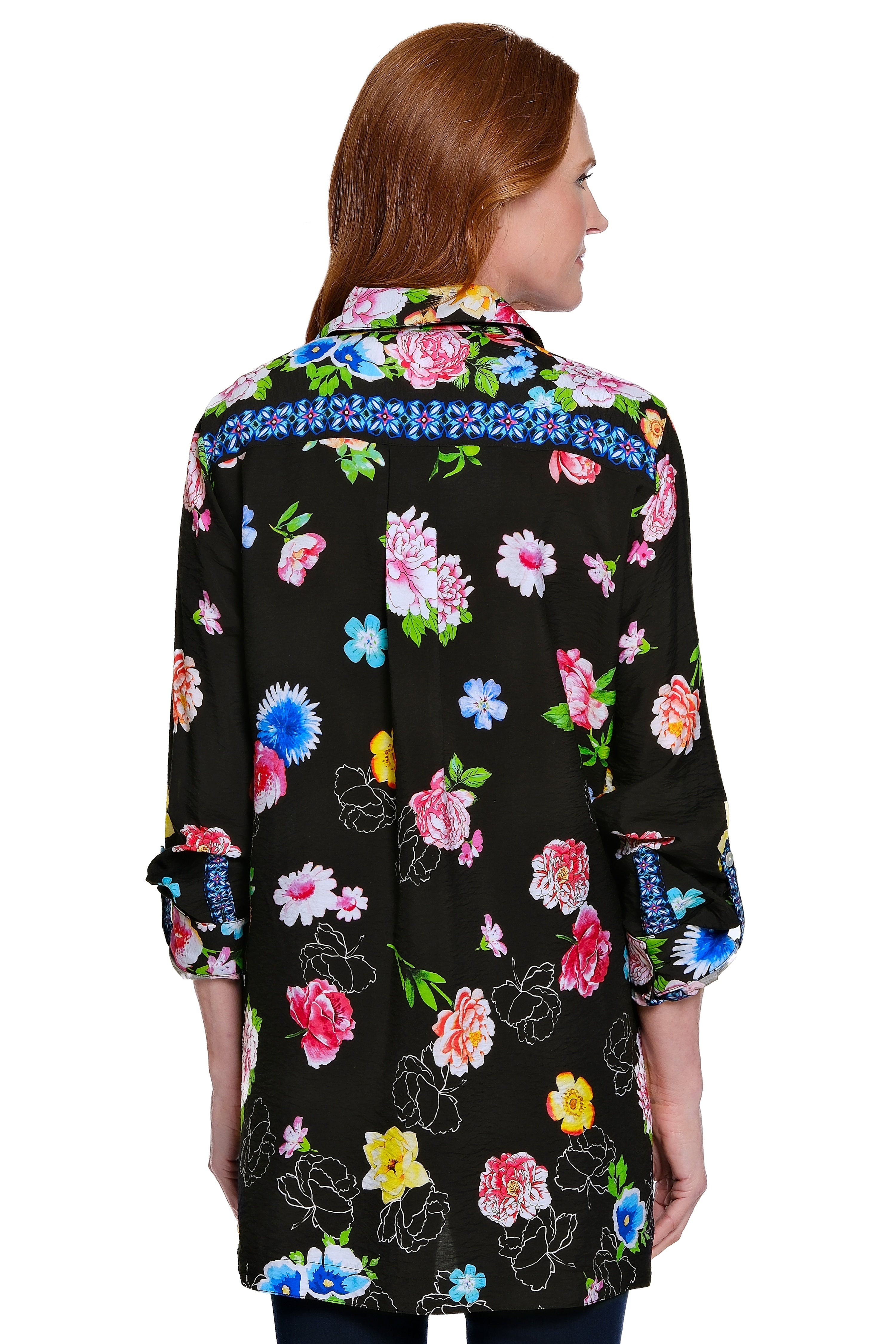 Print Button Front Tunic - Black Floral