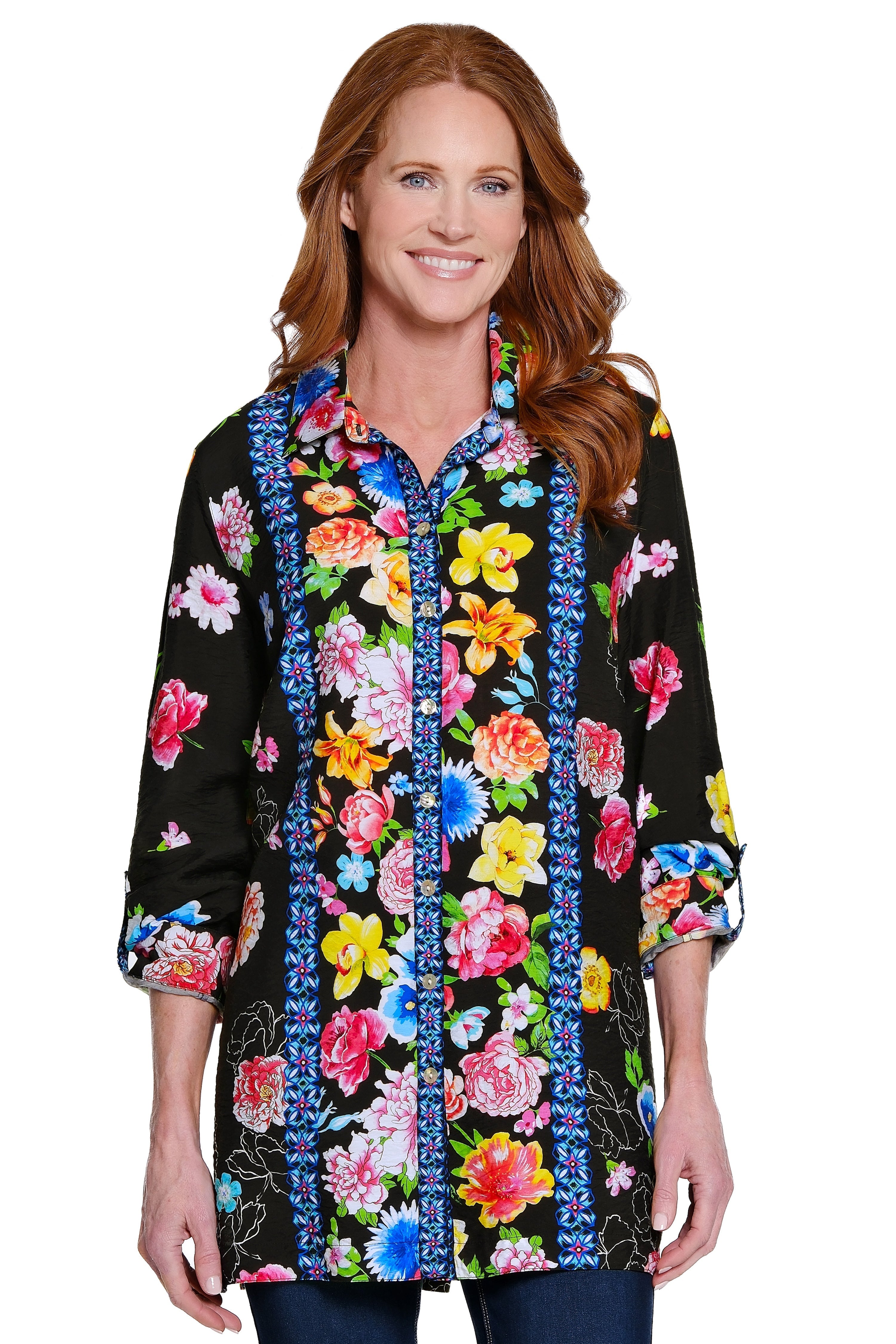 Print Button Front Tunic - Black Floral