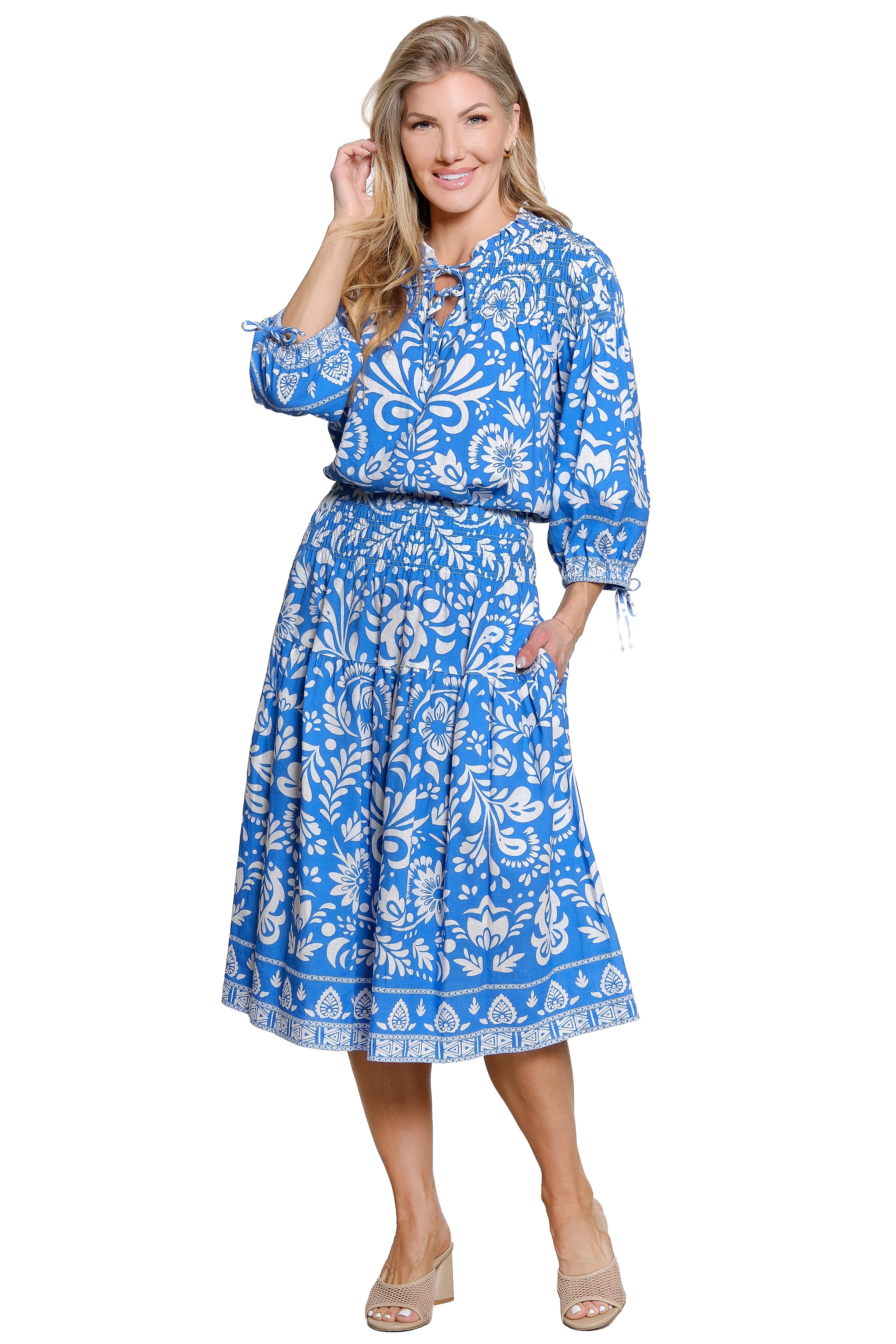 Blue Floral Floral Mid Length Skirt - Missy