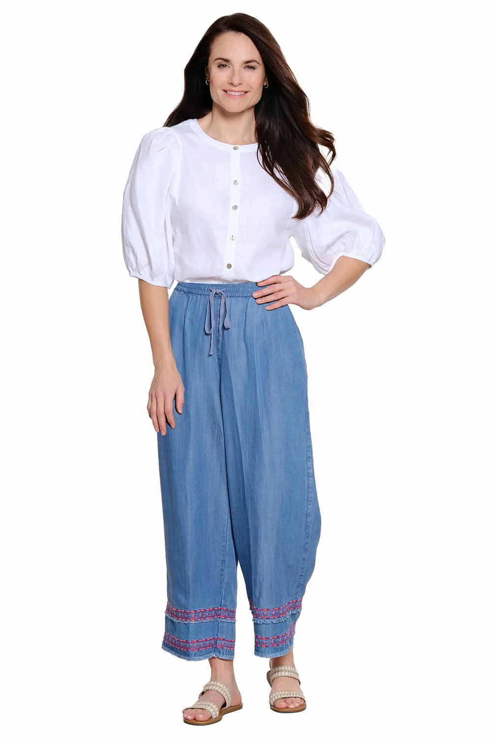 Chambray Pull On Pant w/ Drawstring, Emb Hem & Fraying Details - Petite