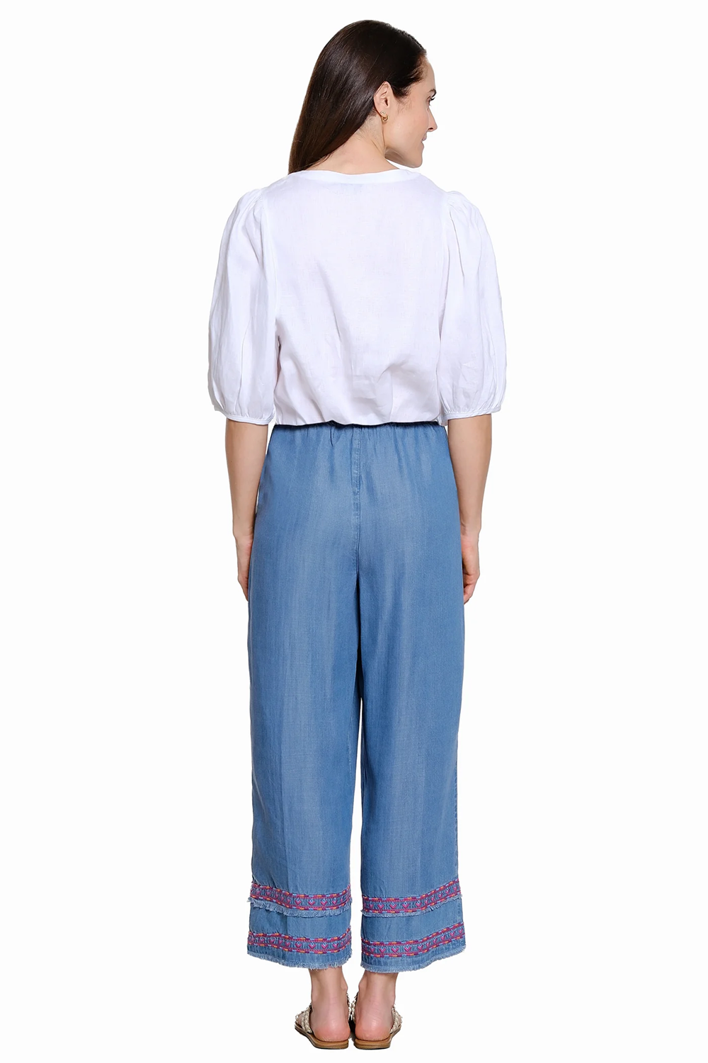 Chambray Pull On Pant w/ Drawstring, Emb Hem & Fraying Details - Petite