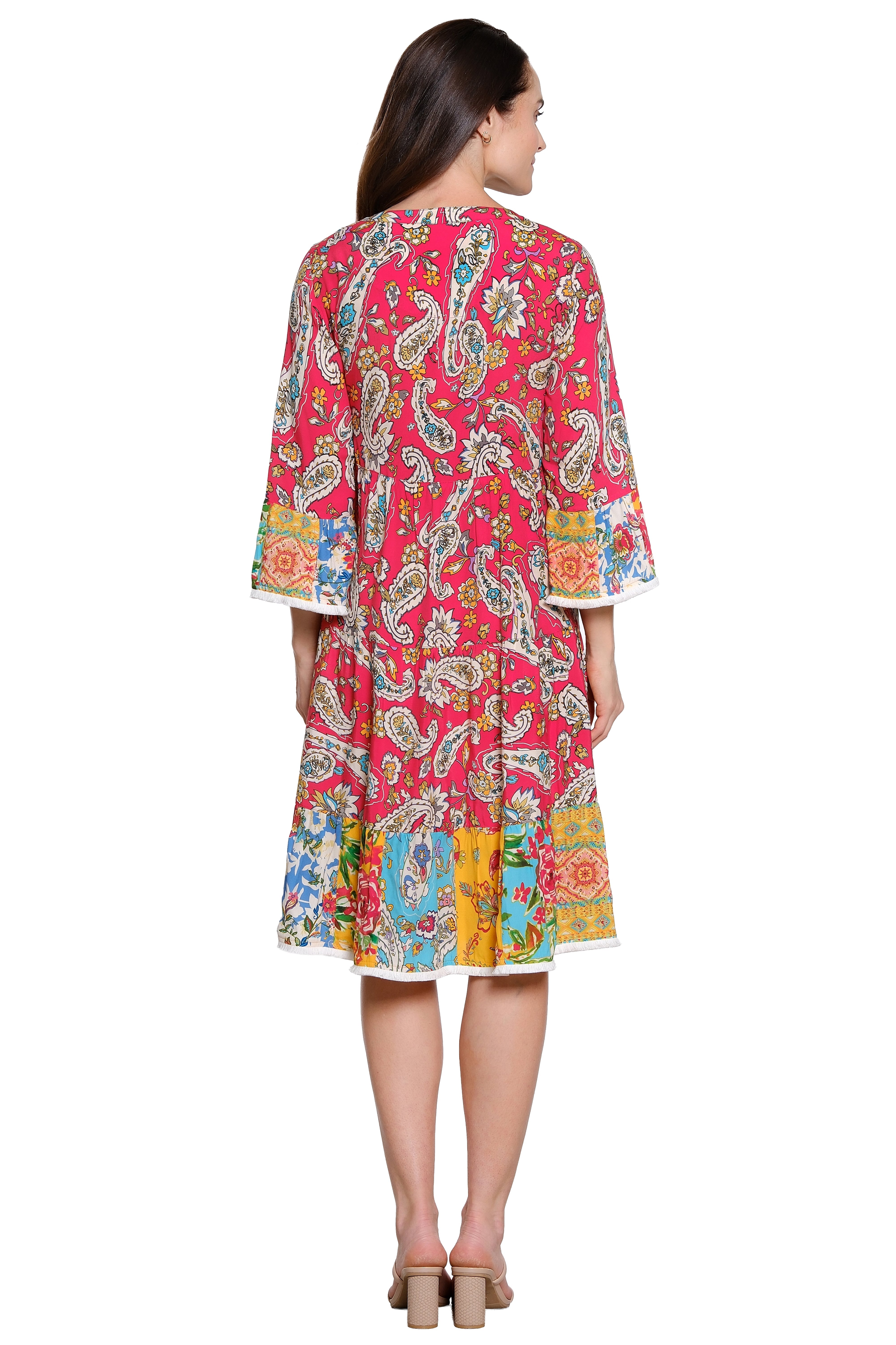 Embroidered Tiered Floral Print Dress 3/4 Bell Sleeve - Red Floral