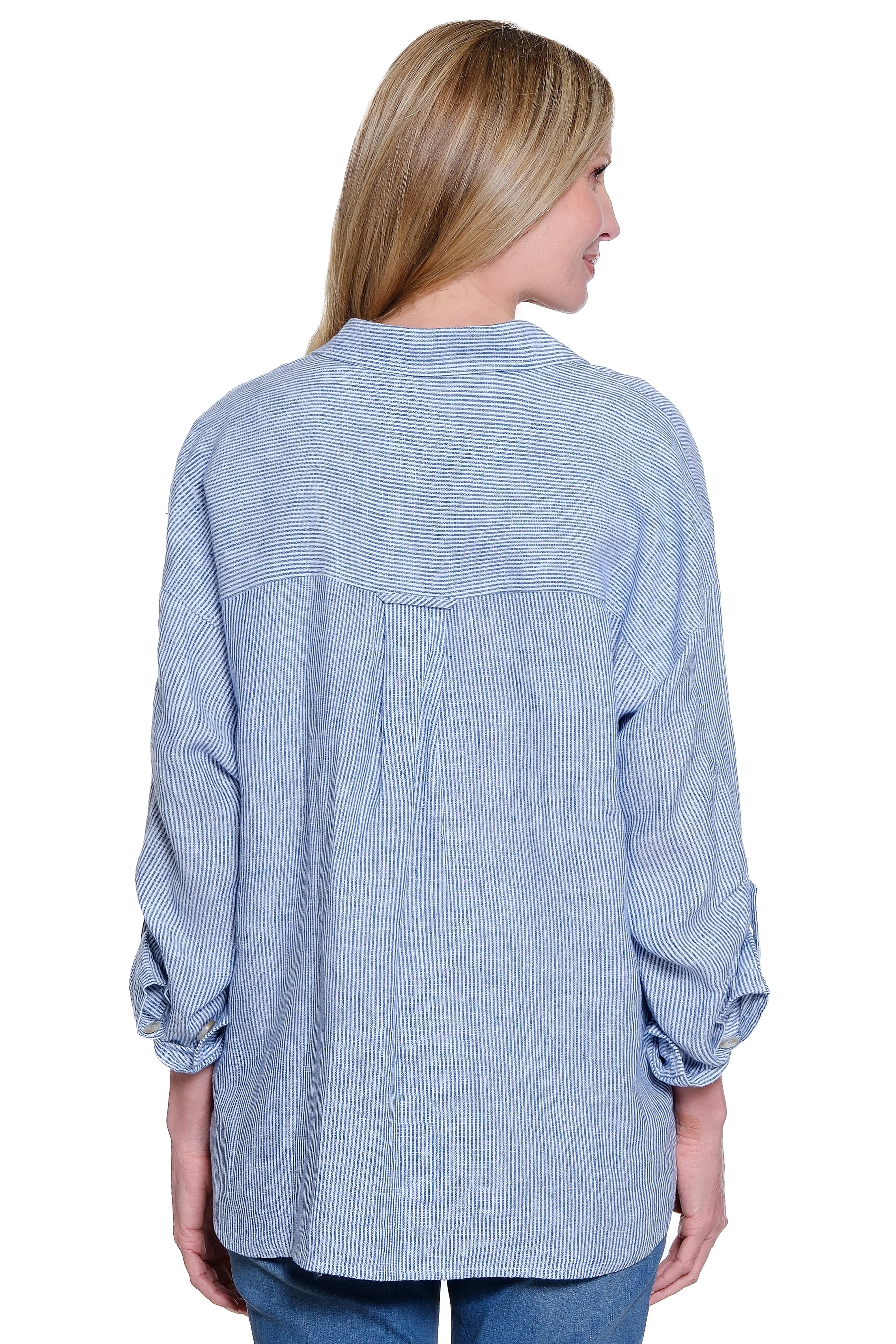 Linen Yarn-Dyed Stripe Blouse with Split Neck - Blue Stripe
