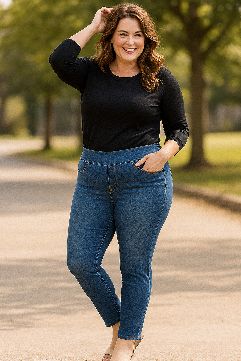 Plus Size Pull On Jeans with Pockets - Medium Indigo